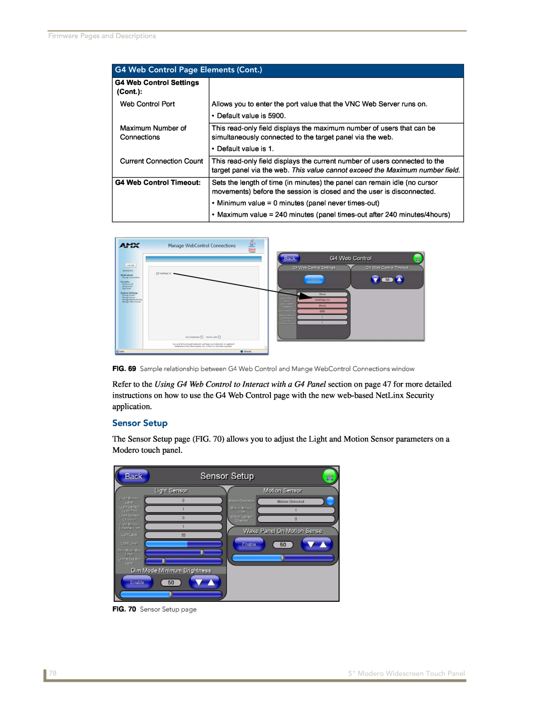 AMX NXD-CV5 Sensor Setup, G4 Web Control Page Elements Cont, Firmware Pages and Descriptions, G4 Web Control Settings 