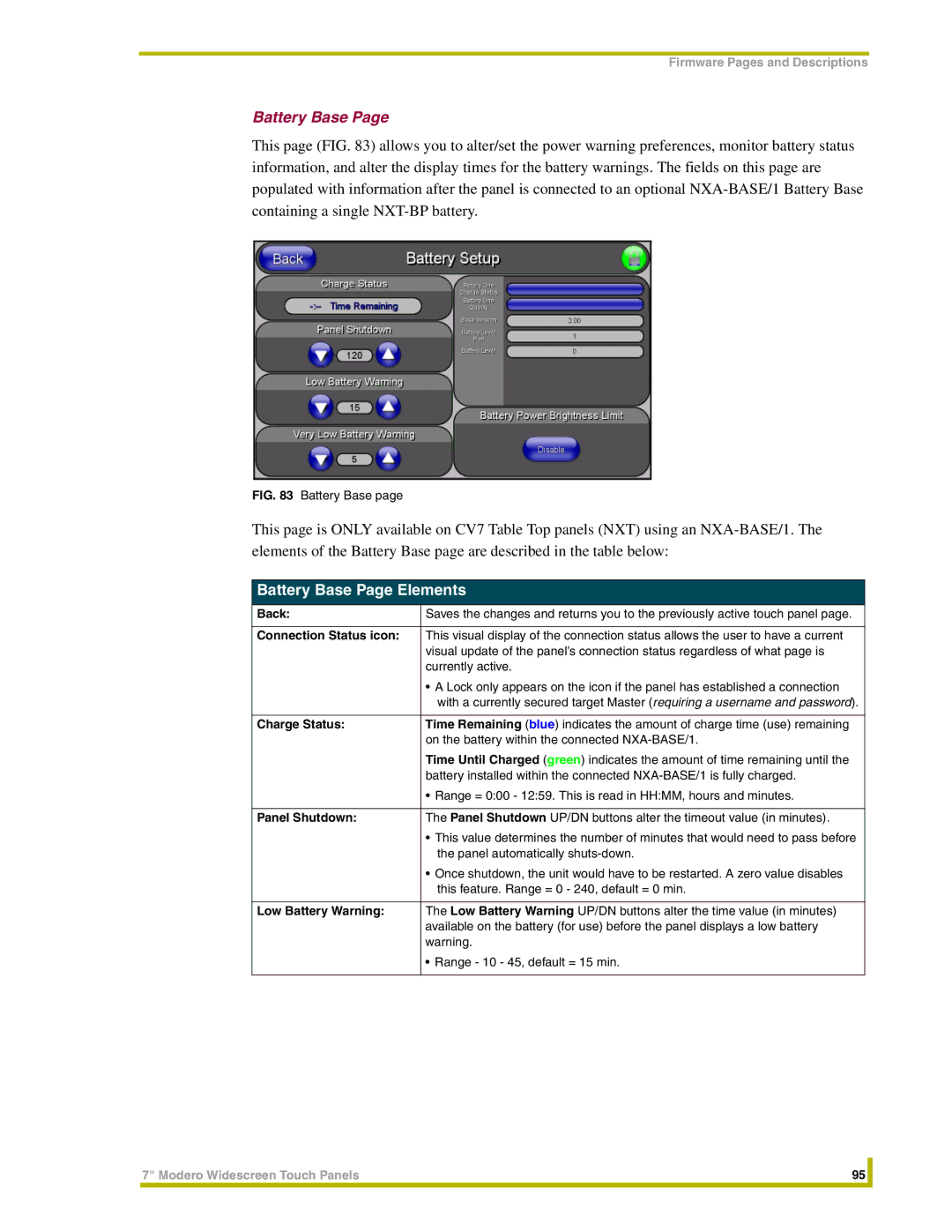 AMX NXT-CV7, NXD-CV7 instruction manual Battery Base Page Elements, Charge Status, Panel Shutdown, Low Battery Warning 