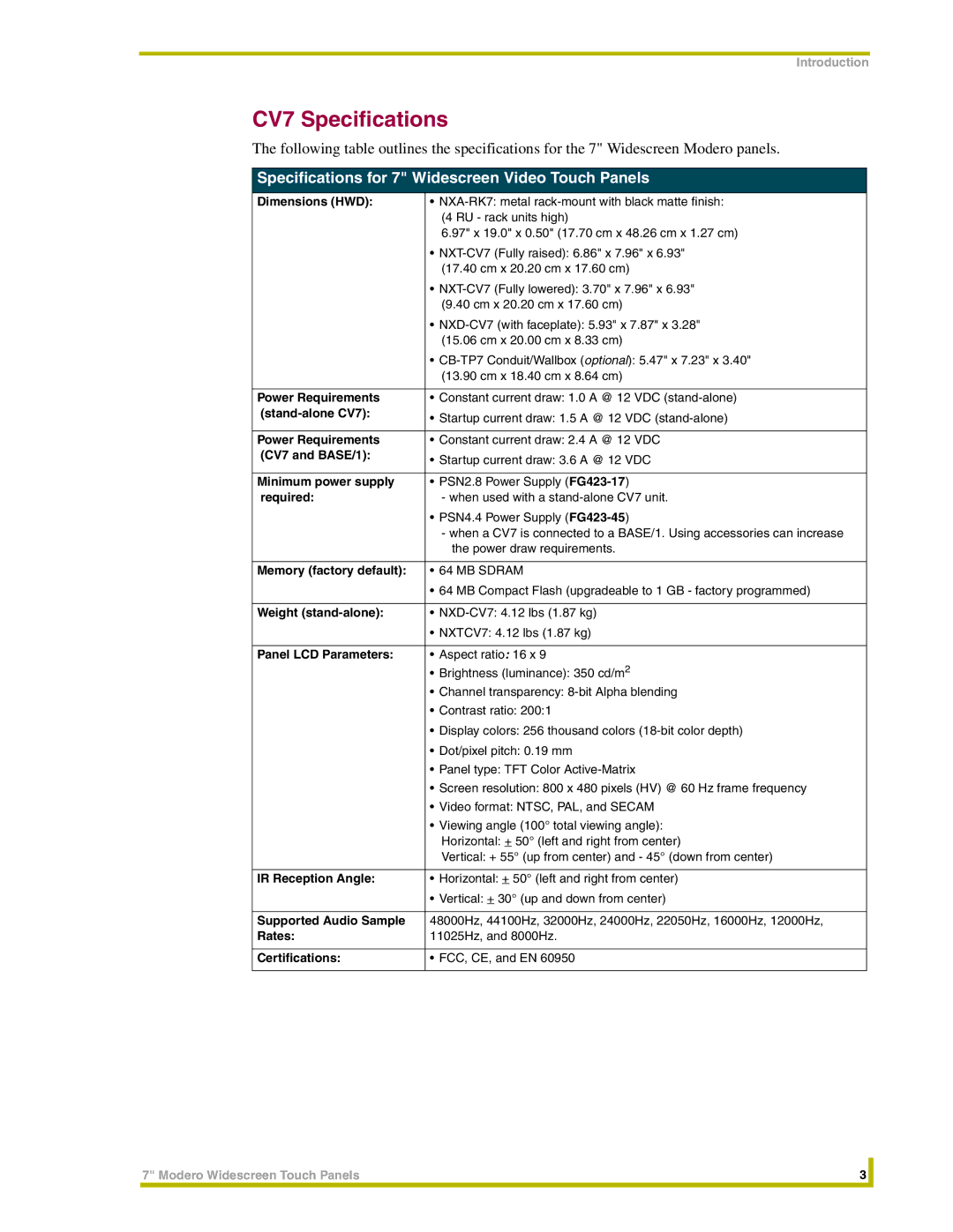 AMX NXT-CV7, NXD-CV7 instruction manual CV7 Specifications, Specifications for 7 Widescreen Video Touch Panels 