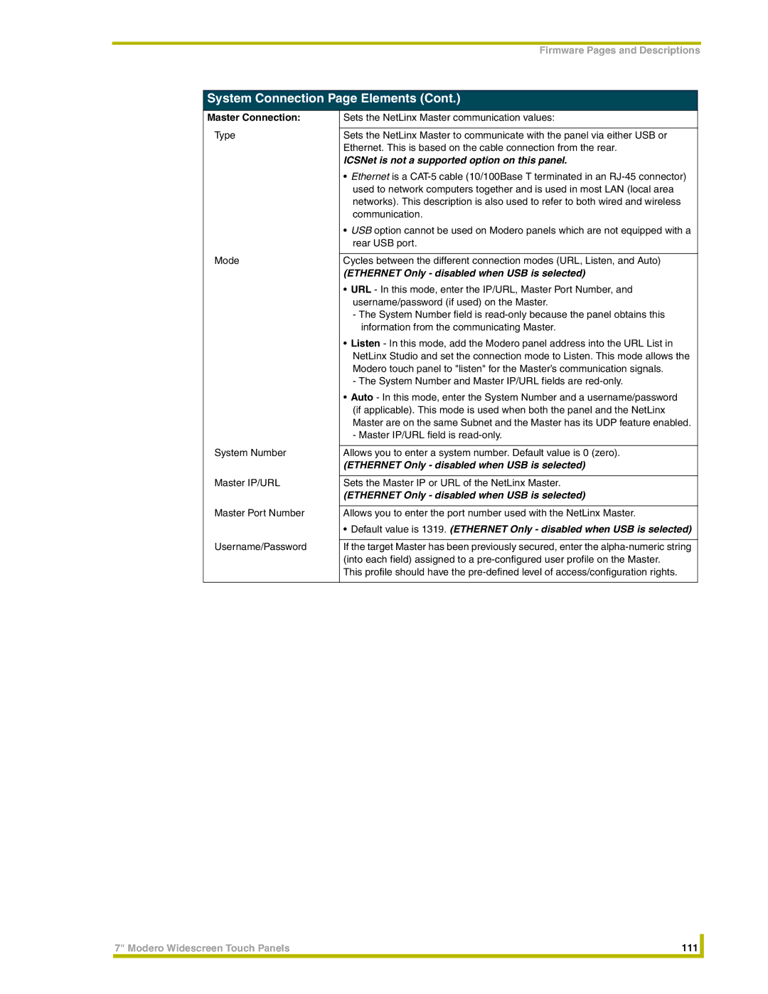 AMX NXT-CV7, NXD-CV7 instruction manual Master Connection, ICSNet is not a supported option on this panel 