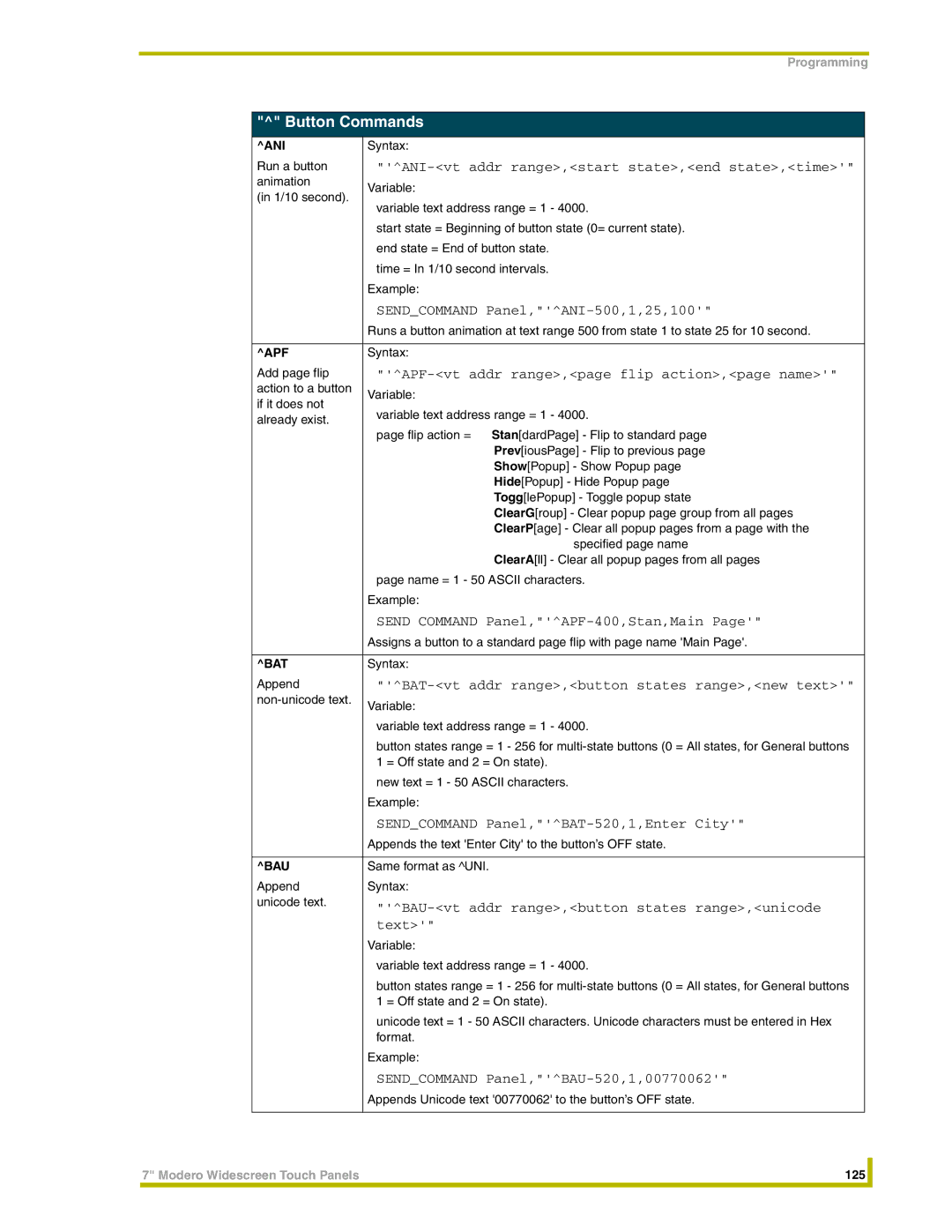 AMX NXT-CV7, NXD-CV7 instruction manual Button Commands 