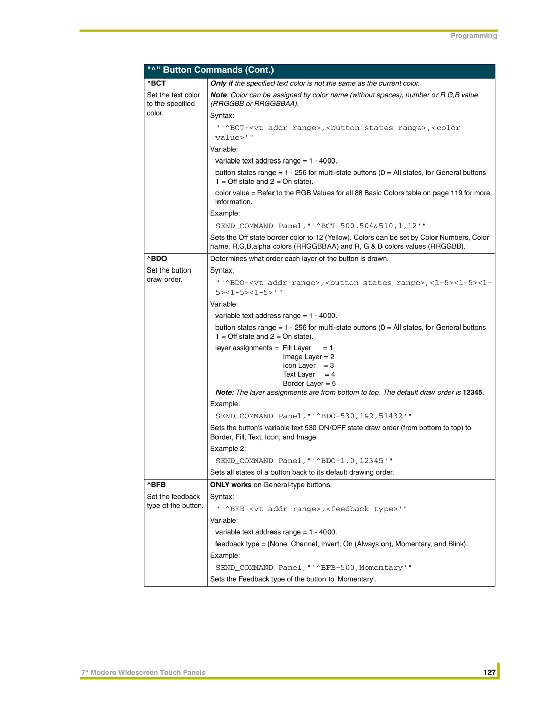 AMX NXT-CV7, NXD-CV7 instruction manual Button Commands, Sendcommand Panel,BFB-500,Momentary 