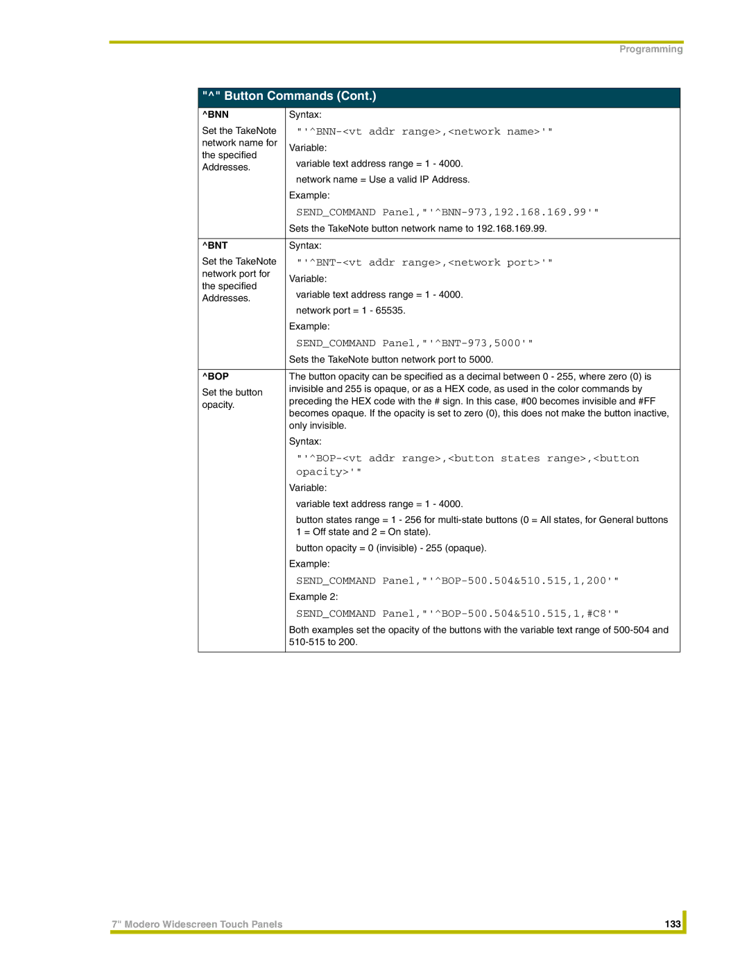 AMX NXT-CV7, NXD-CV7 Set the TakeNote BNN-vt addr range,network name, Sendcommand Panel,BNN-973,192.168.169.99, Opacity 