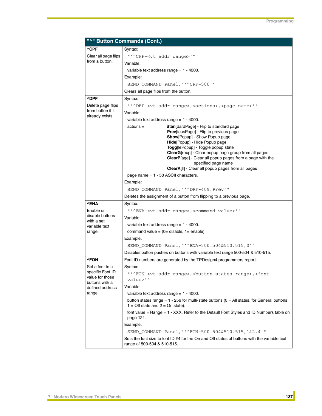 AMX NXT-CV7 Clear all page flips CPF-vt addr range, Sendcommand Panel,CPF-500, DFP-vt addr range,actions,page name 