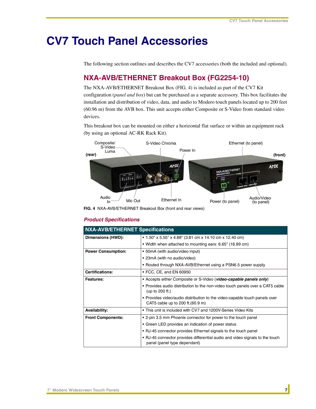 AMX NXT-CV7, NXD-CV7 NXA-AVB/ETHERNET Breakout Box FG2254-10, Product Specifications, NXA-AVB/ETHERNET Specifications 