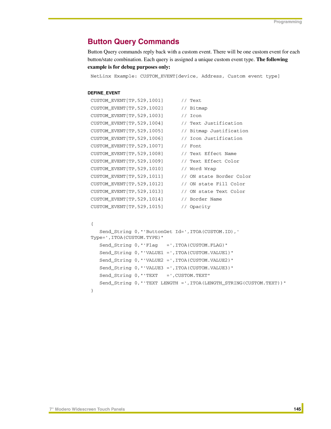 AMX NXT-CV7, NXD-CV7 instruction manual Button Query Commands, Defineevent 