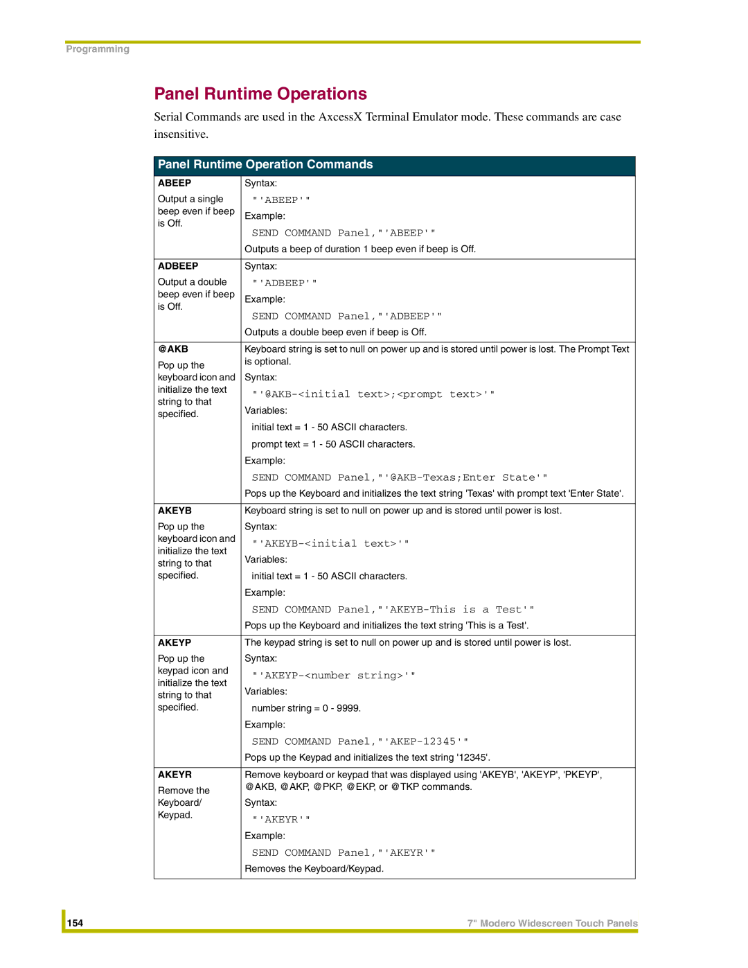 AMX NXD-CV7, NXT-CV7 instruction manual Panel Runtime Operations, Panel Runtime Operation Commands 