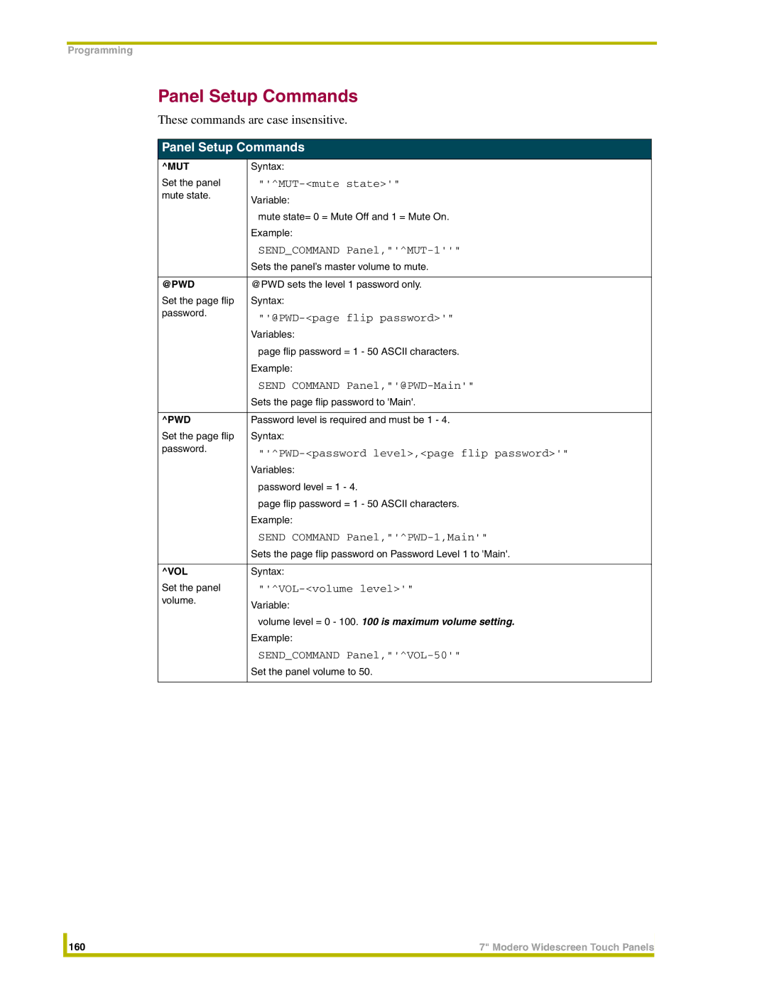 AMX NXD-CV7, NXT-CV7 instruction manual Panel Setup Commands 