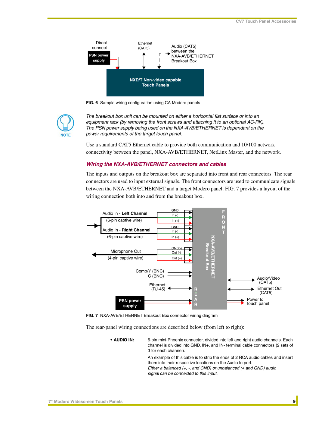 AMX NXT-CV7, NXD-CV7 Wiring the NXA-AVB/ETHERNET connectors and cables, Audio In Left Channel, Audio In Right Channel 