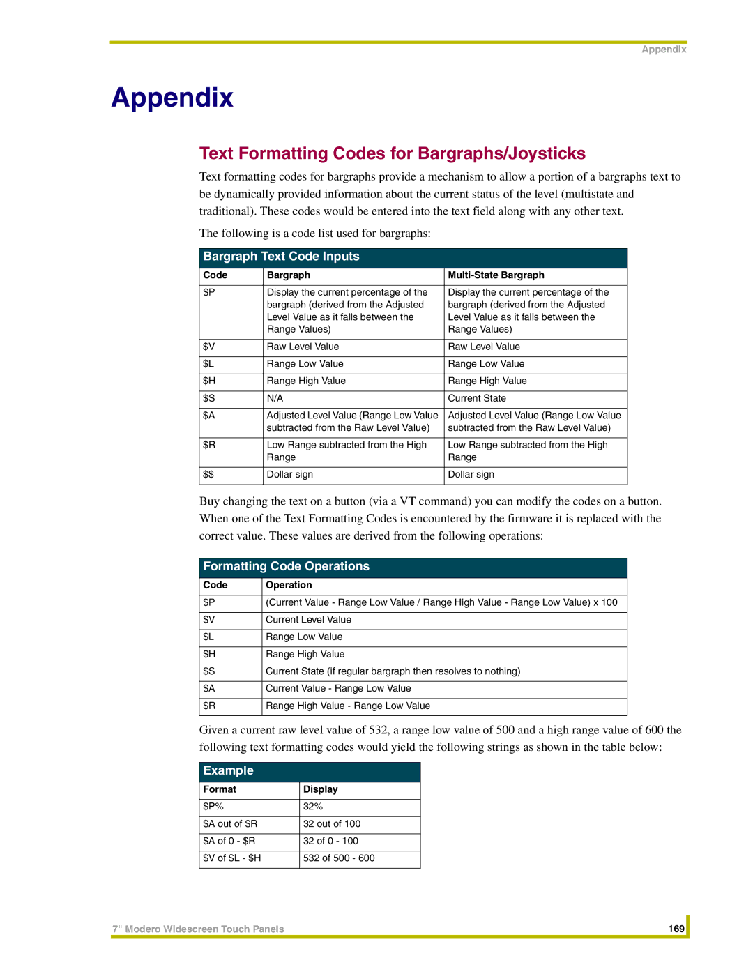 AMX NXT-CV7 Text Formatting Codes for Bargraphs/Joysticks, Bargraph Text Code Inputs, Formatting Code Operations, Example 