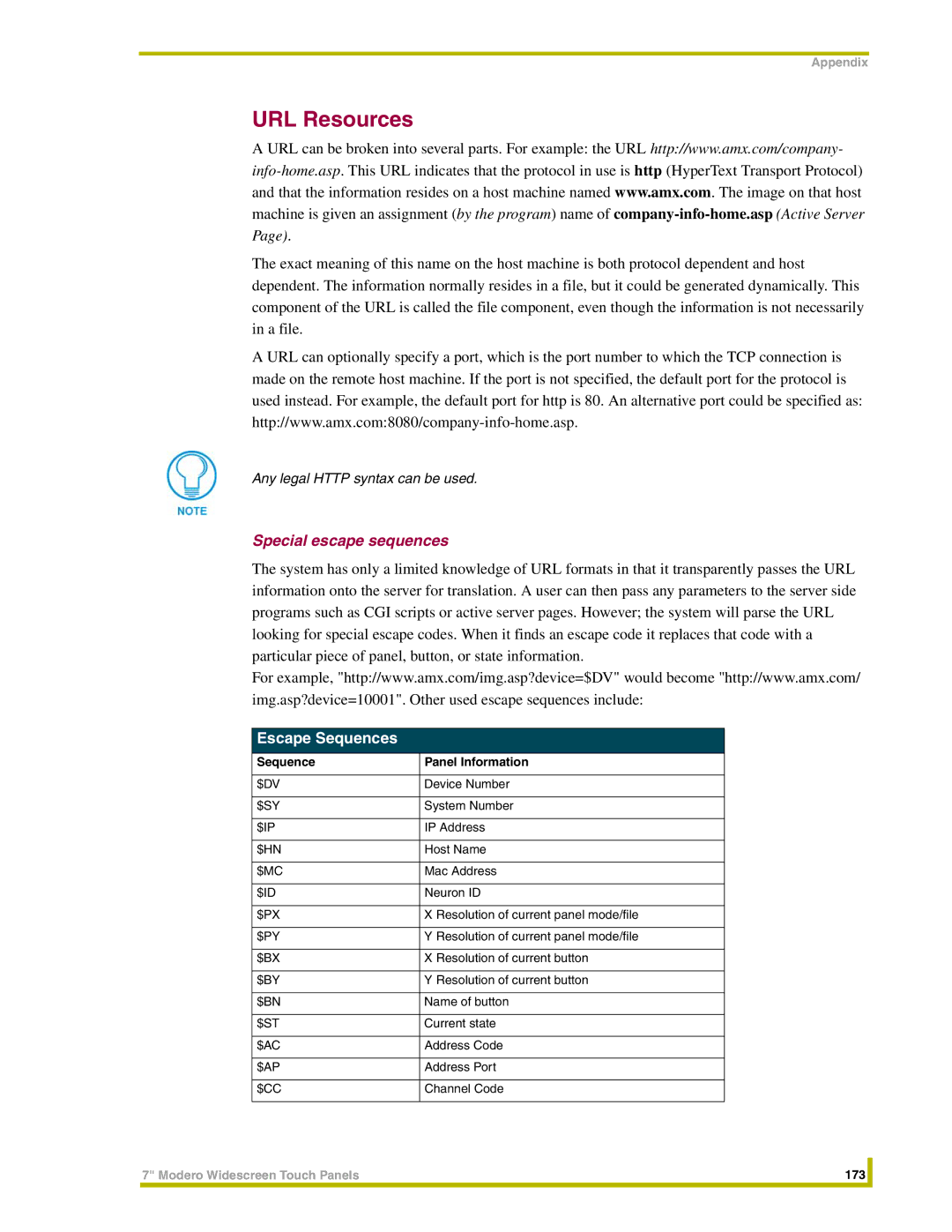 AMX NXT-CV7, NXD-CV7 URL Resources, Special escape sequences, Escape Sequences, Sequence Panel Information 