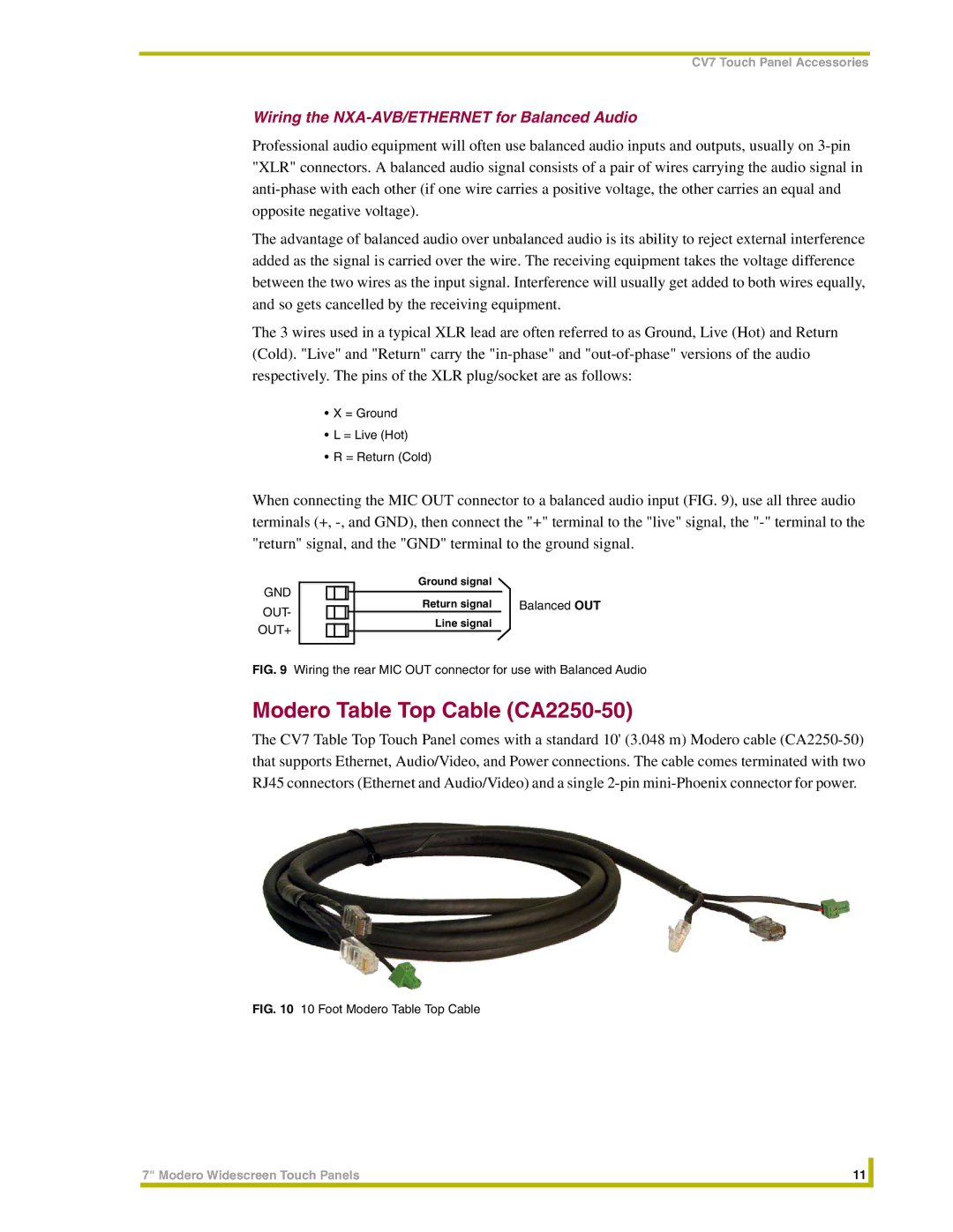 AMX NXT-CV7, NXD-CV7 Modero Table Top Cable CA2250-50, Wiring the NXA-AVB/ETHERNET for Balanced Audio, Balanced OUT 