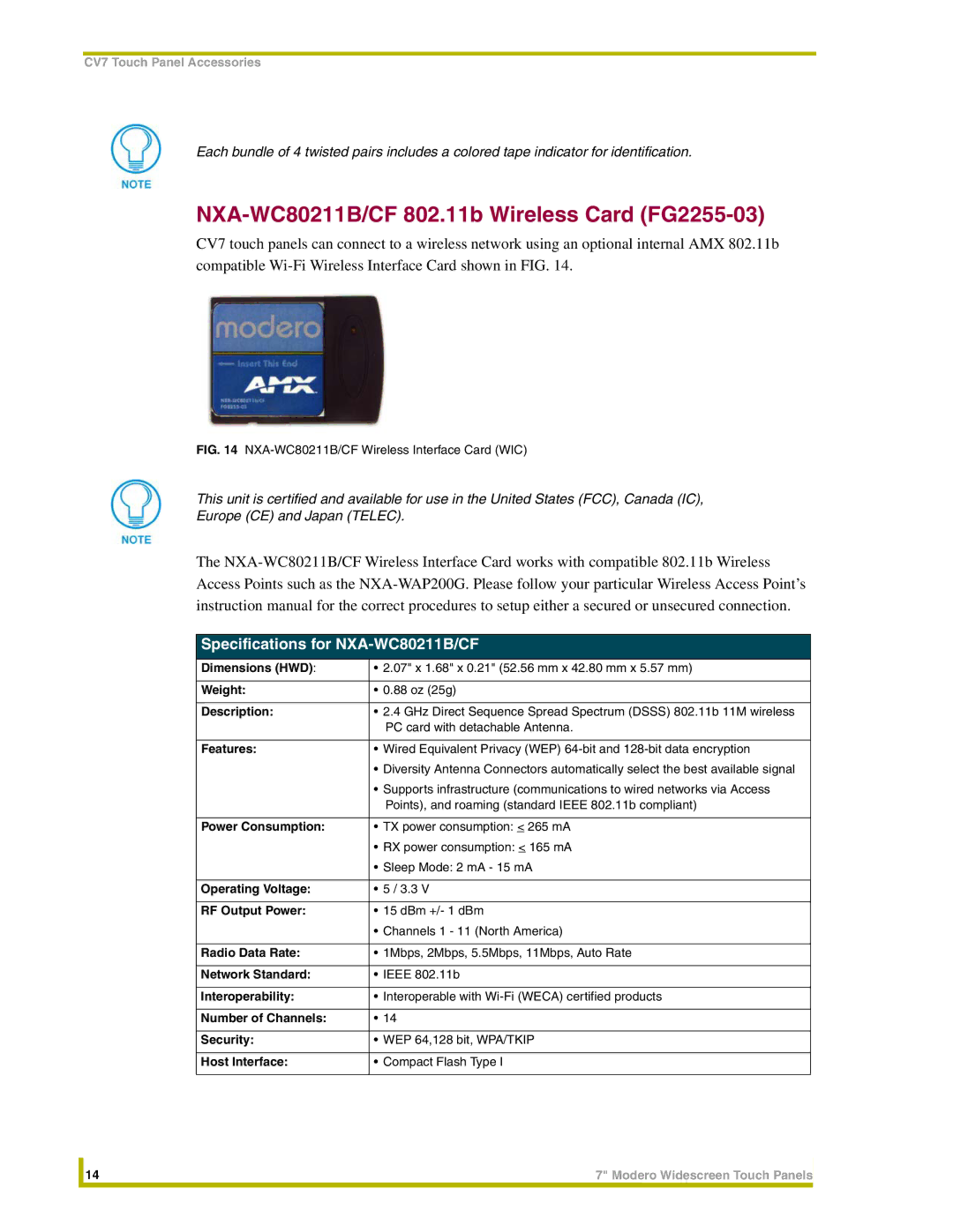 AMX NXD-CV7, NXT-CV7 instruction manual NXA-WC80211B/CF 802.11b Wireless Card FG2255-03, Specifications for NXA-WC80211B/CF 