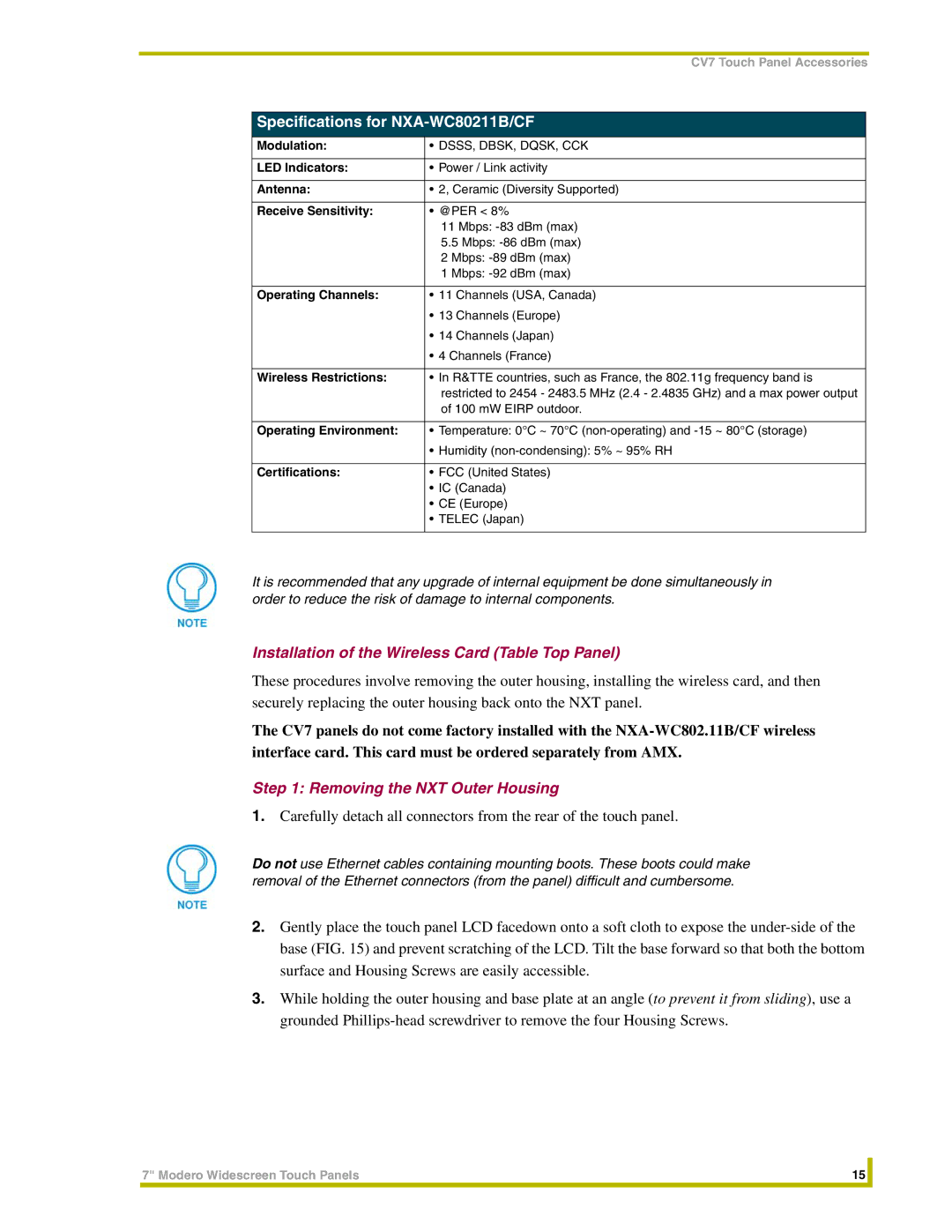 AMX NXT-CV7, NXD-CV7 instruction manual Installation of the Wireless Card Table Top Panel, Removing the NXT Outer Housing 