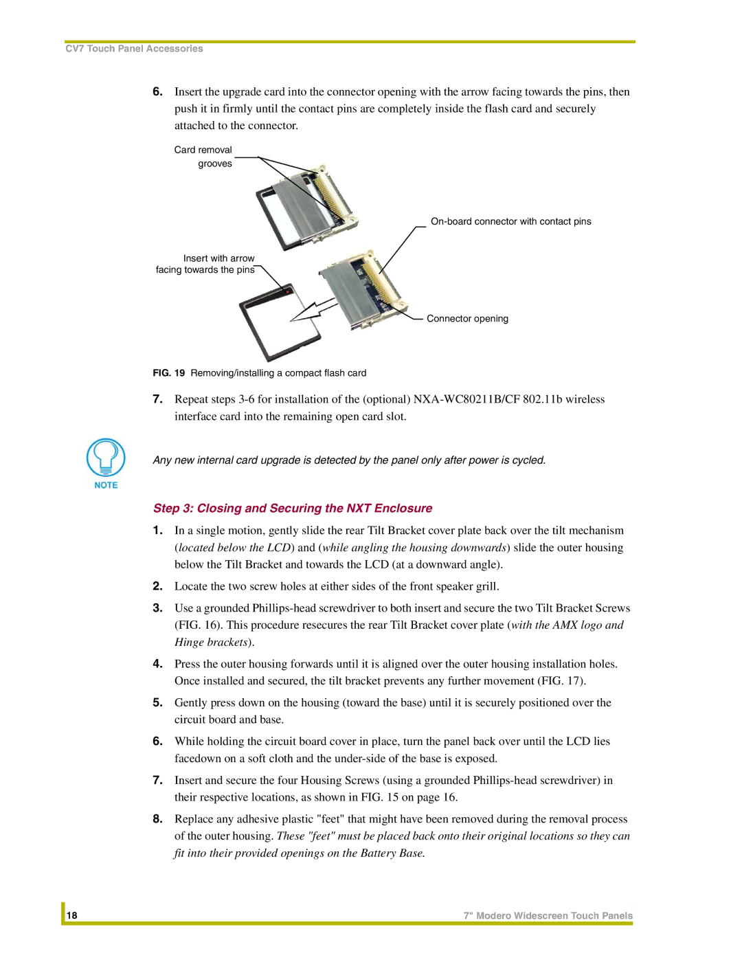 AMX NXD-CV7, NXT-CV7 instruction manual Closing and Securing the NXT Enclosure, Removing/installing a compact flash card 