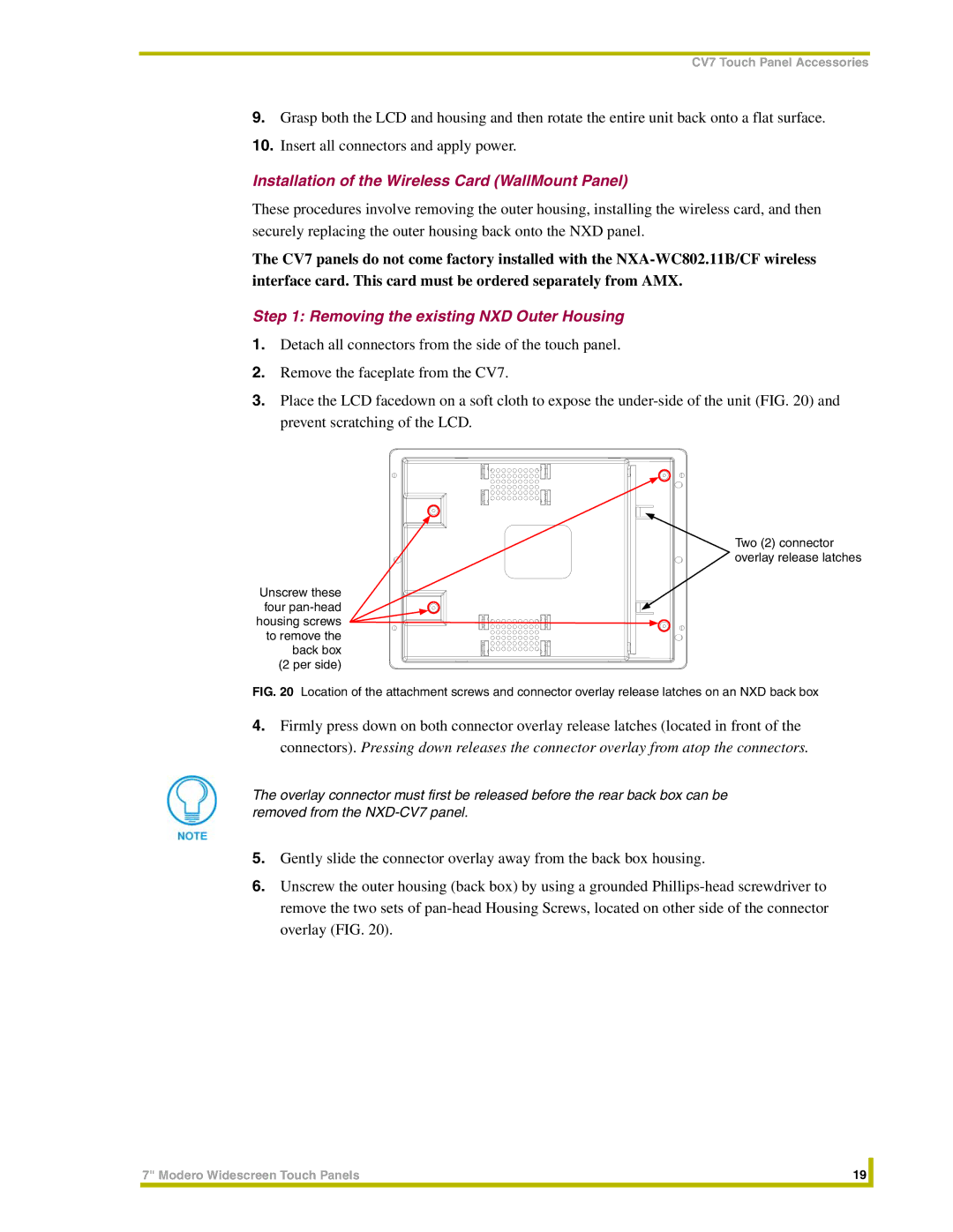 AMX NXT-CV7, NXD-CV7 Installation of the Wireless Card WallMount Panel, Removing the existing NXD Outer Housing 