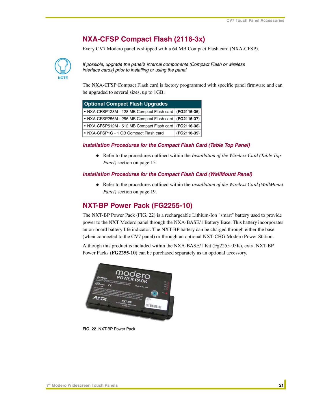 AMX NXT-CV7, NXD-CV7 instruction manual NXA-CFSP Compact Flash, NXT-BP Power Pack FG2255-10, Optional Compact Flash Upgrades 