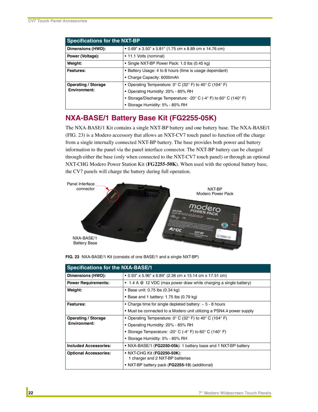 AMX NXD-CV7 NXA-BASE/1 Battery Base Kit FG2255-05K, Specifications for the NXT-BP, Specifications for the NXA-BASE/1 