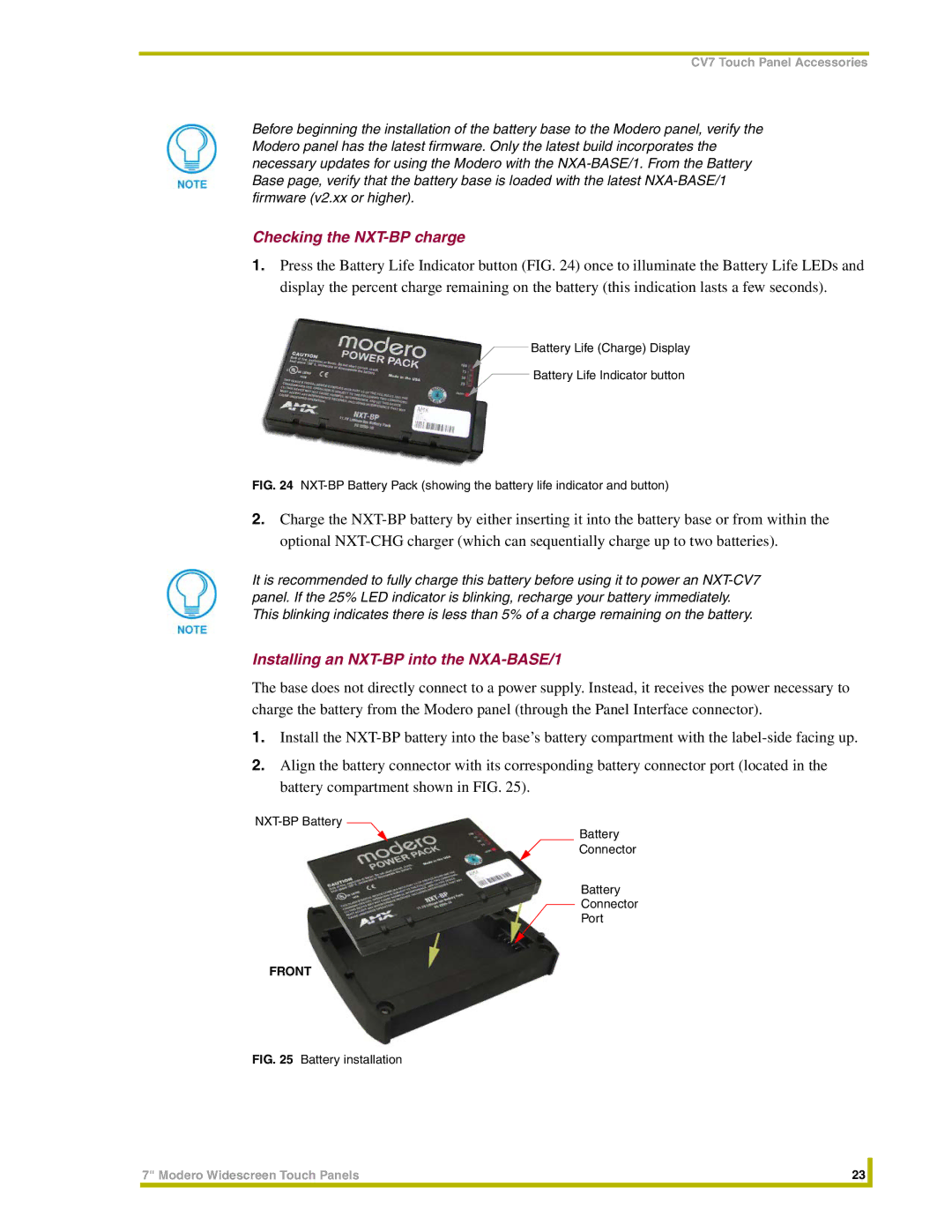 AMX NXT-CV7, NXD-CV7 instruction manual Checking the NXT-BP charge, Installing an NXT-BP into the NXA-BASE/1, Front 