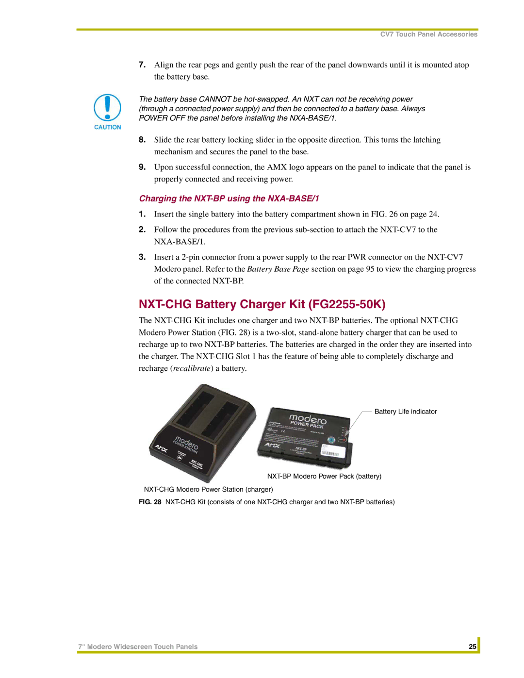 AMX NXT-CV7, NXD-CV7 instruction manual NXT-CHG Battery Charger Kit FG2255-50K, Charging the NXT-BP using the NXA-BASE/1 