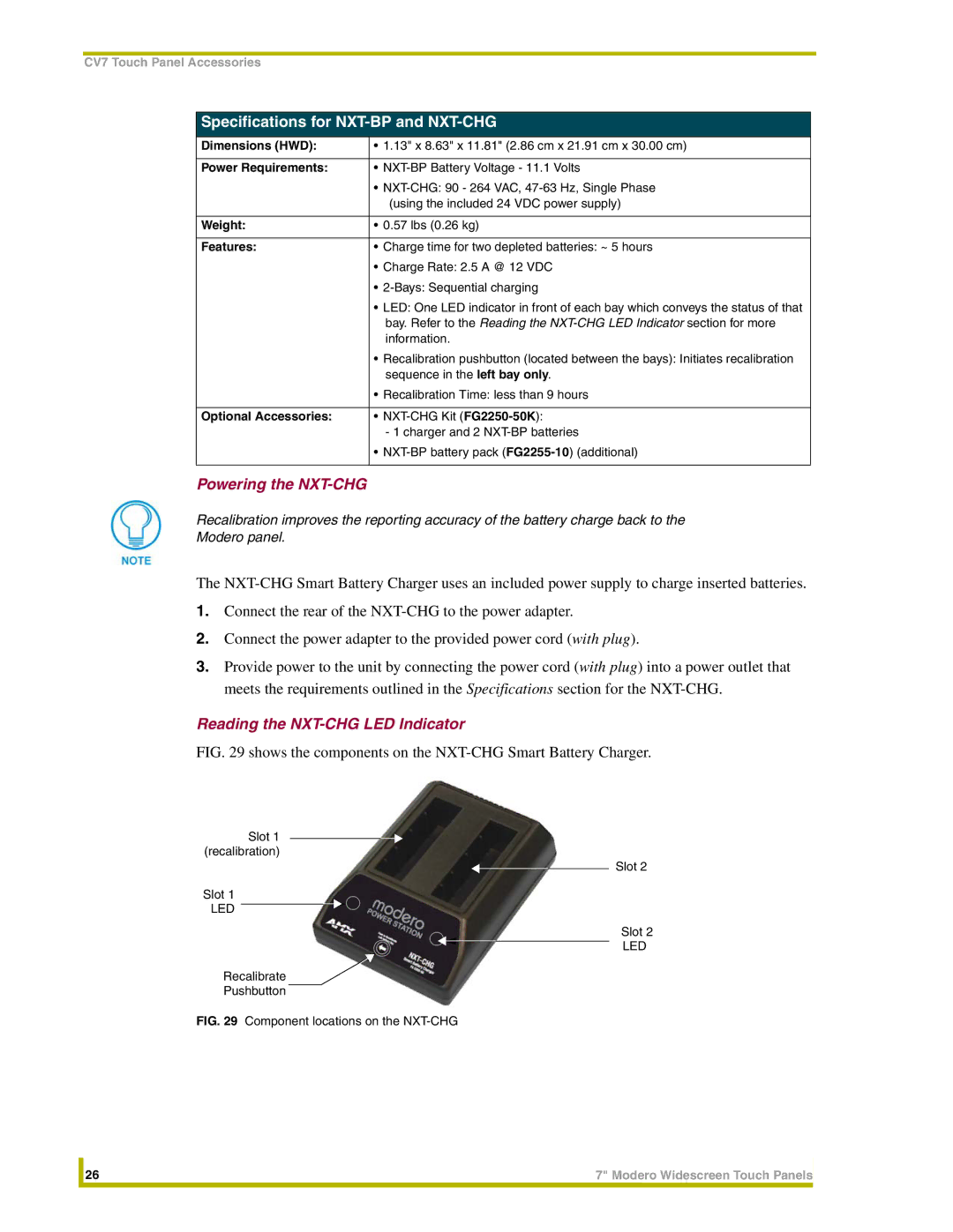 AMX NXD-CV7, NXT-CV7 Specifications for NXT-BP and NXT-CHG, Powering the NXT-CHG, Reading the NXT-CHG LED Indicator 