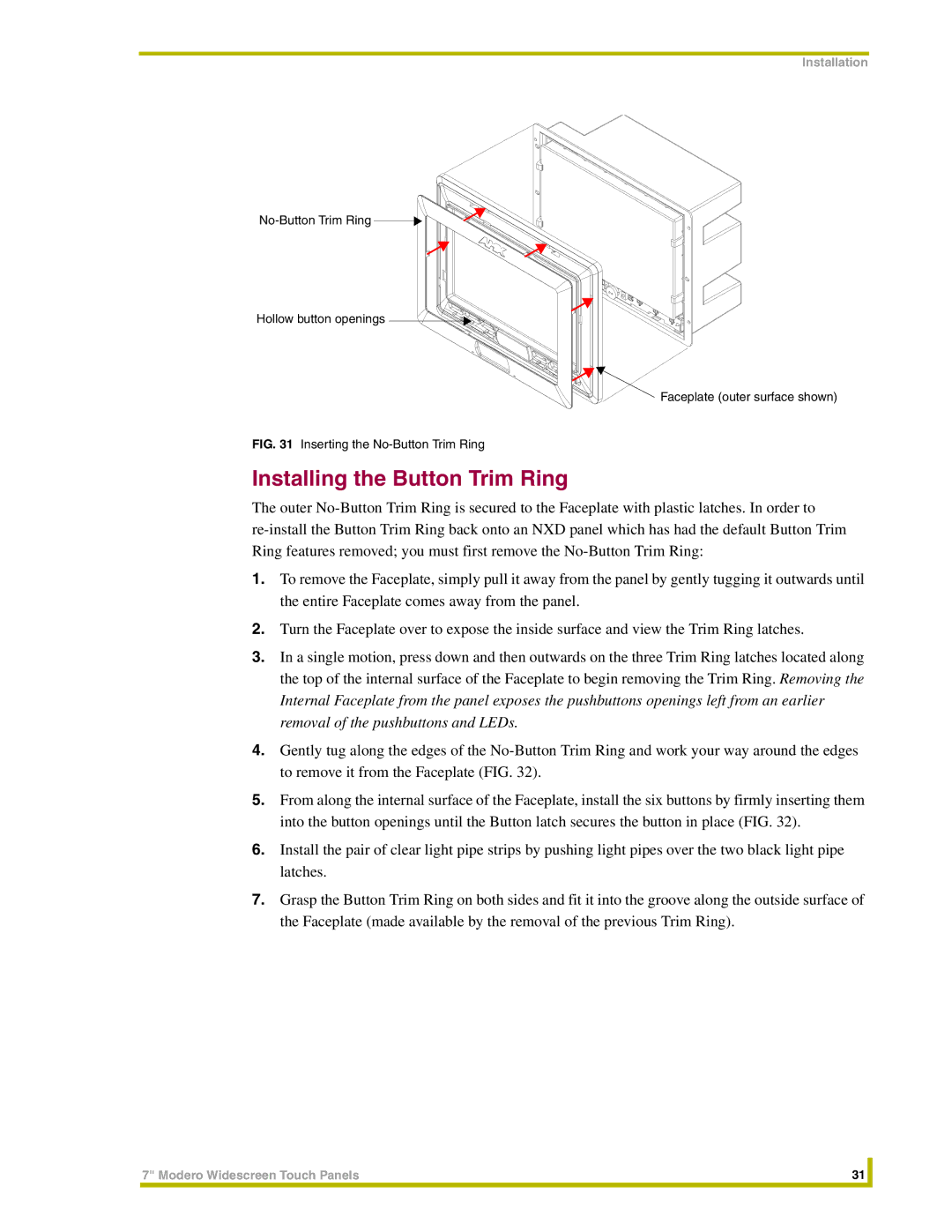 AMX NXT-CV7, NXD-CV7 instruction manual Installing the Button Trim Ring, Inserting the No-Button Trim Ring 