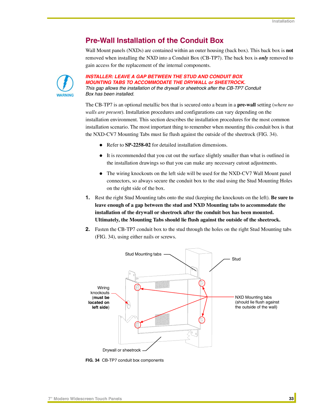 AMX NXT-CV7, NXD-CV7 instruction manual Pre-Wall Installation of the Conduit Box, CB-TP7 conduit box components 