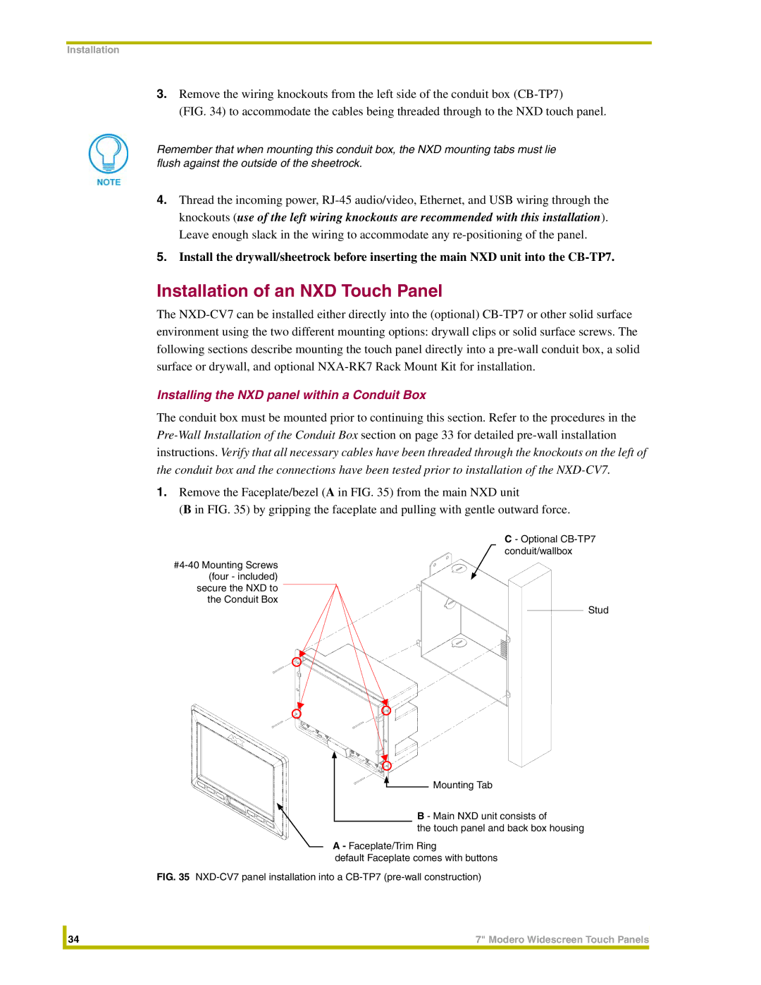 AMX NXD-CV7, NXT-CV7 instruction manual Installation of an NXD Touch Panel, Installing the NXD panel within a Conduit Box 