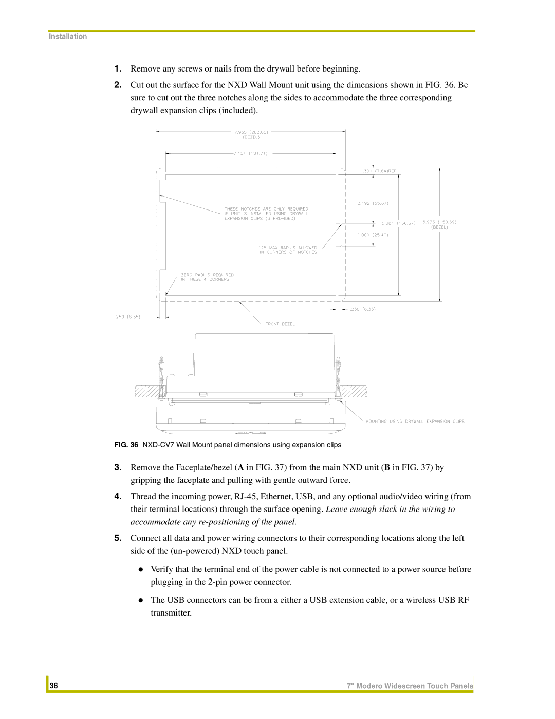 AMX NXT-CV7 instruction manual NXD-CV7 Wall Mount panel dimensions using expansion clips 