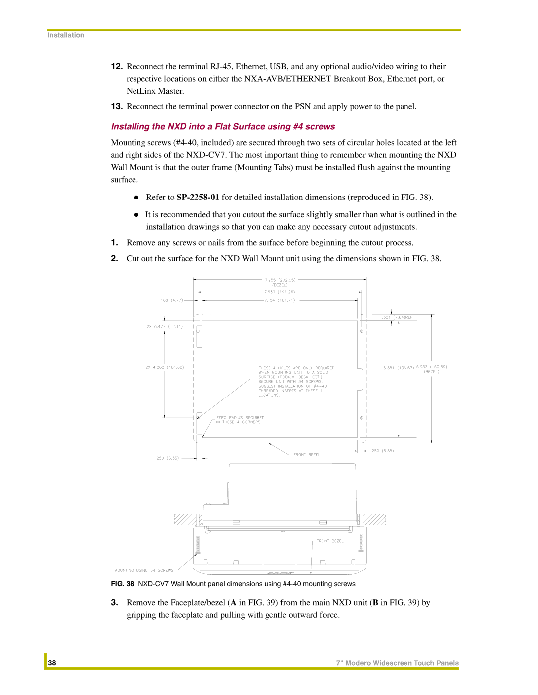 AMX NXD-CV7, NXT-CV7 instruction manual Installing the NXD into a Flat Surface using #4 screws 