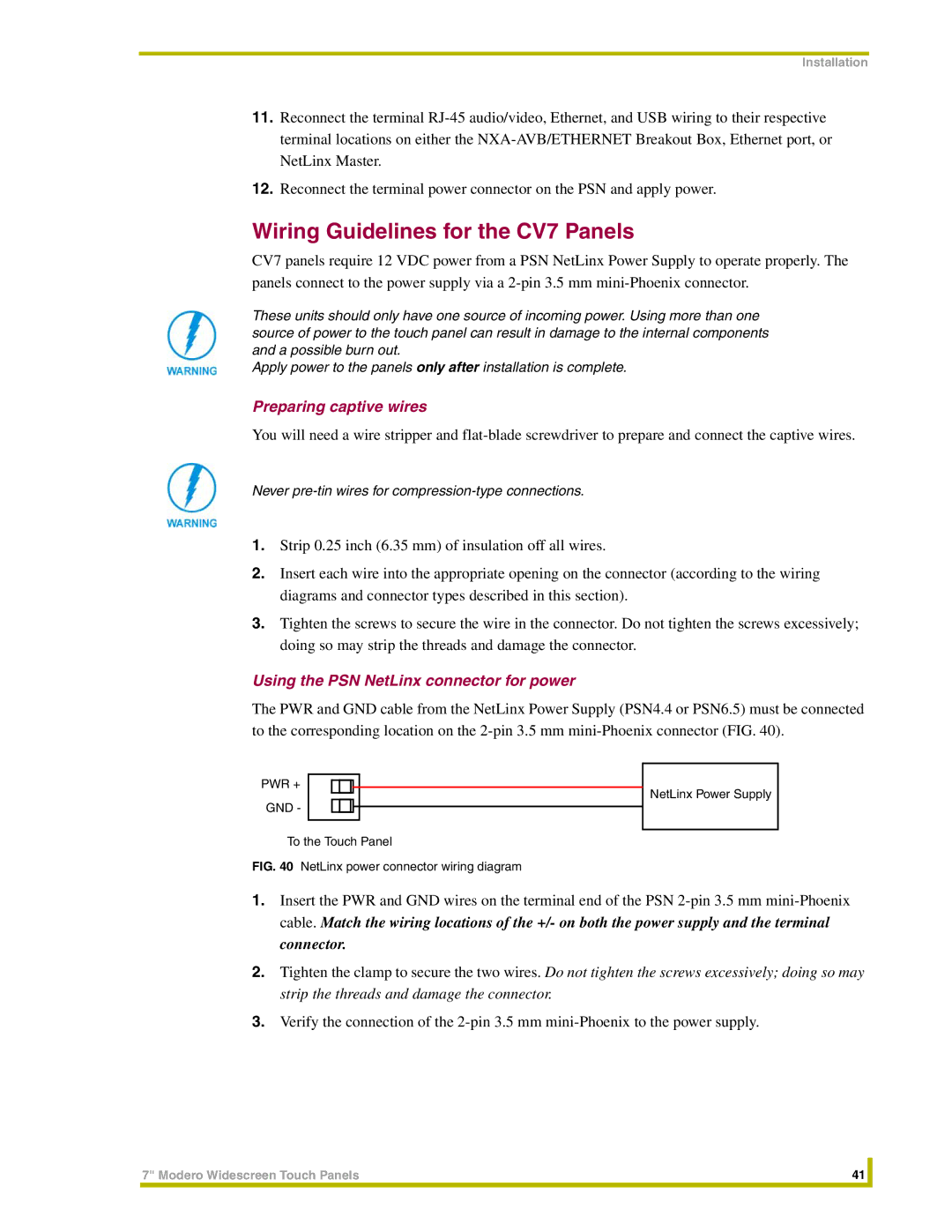 AMX NXT-CV7 Wiring Guidelines for the CV7 Panels, Preparing captive wires, Using the PSN NetLinx connector for power 