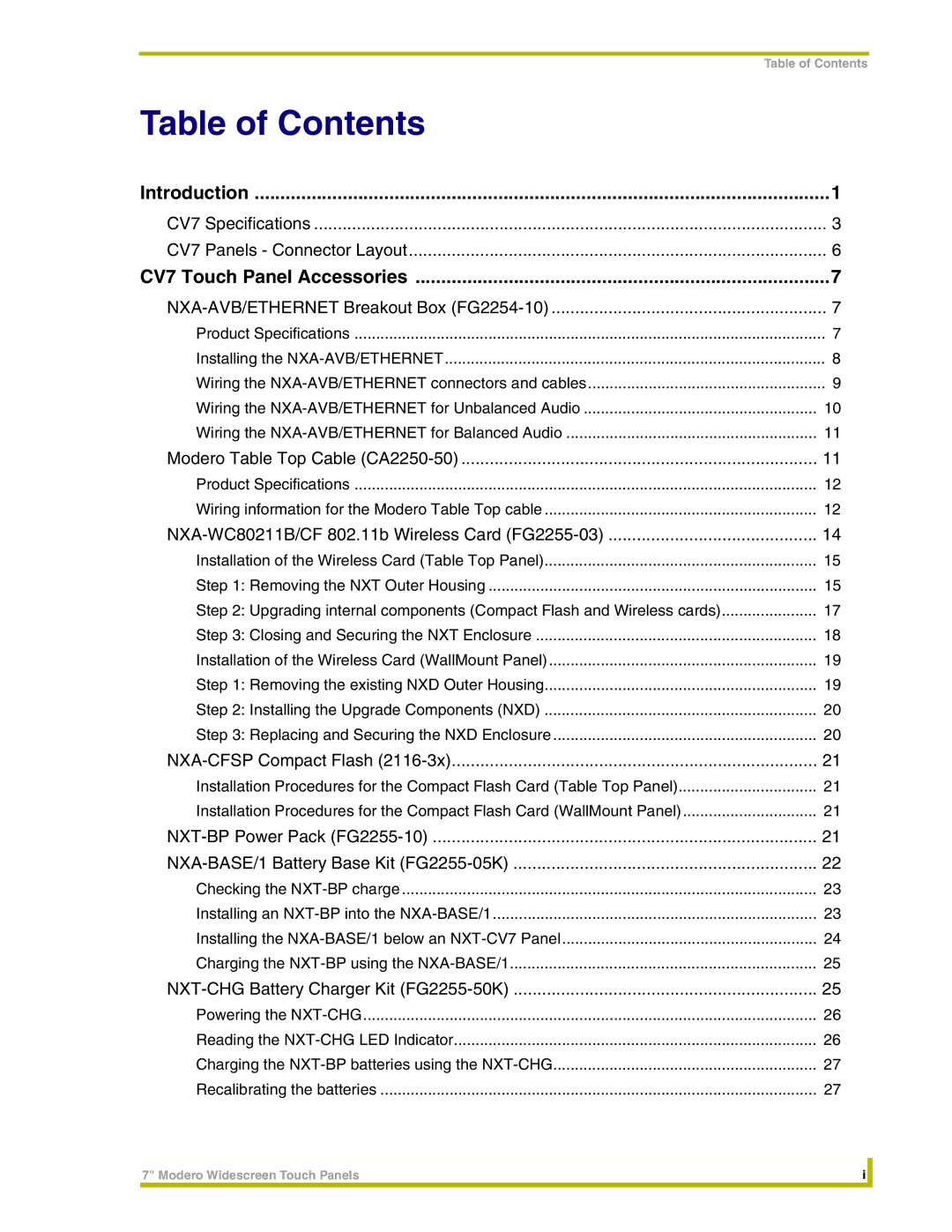 AMX NXT-CV7, NXD-CV7 instruction manual Table of Contents 