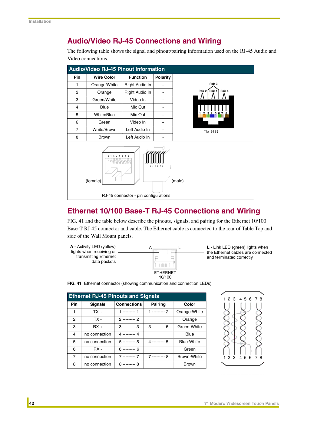 AMX NXD-CV7, NXT-CV7 Audio/Video RJ-45 Connections and Wiring, Ethernet 10/100 Base-T RJ-45 Connections and Wiring 