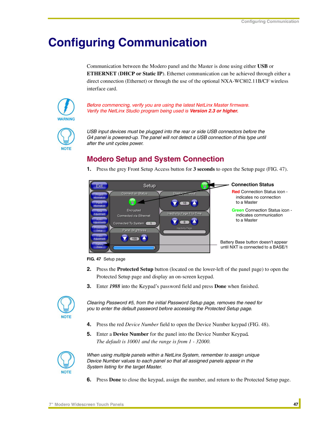 AMX NXT-CV7, NXD-CV7 instruction manual Configuring Communication, Modero Setup and System Connection 