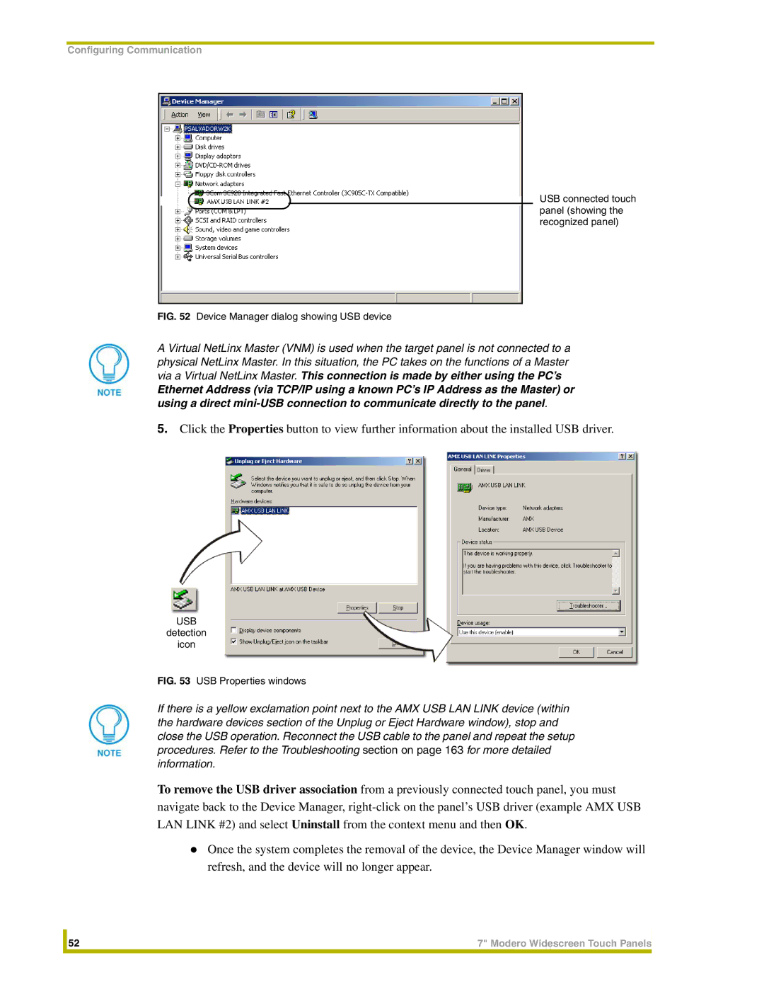 AMX NXD-CV7, NXT-CV7 instruction manual Device Manager dialog showing USB device 