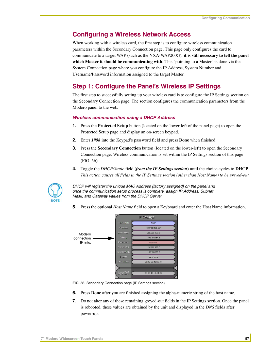 AMX NXT-CV7, NXD-CV7 instruction manual Configuring a Wireless Network Access, Configure the Panel’s Wireless IP Settings 