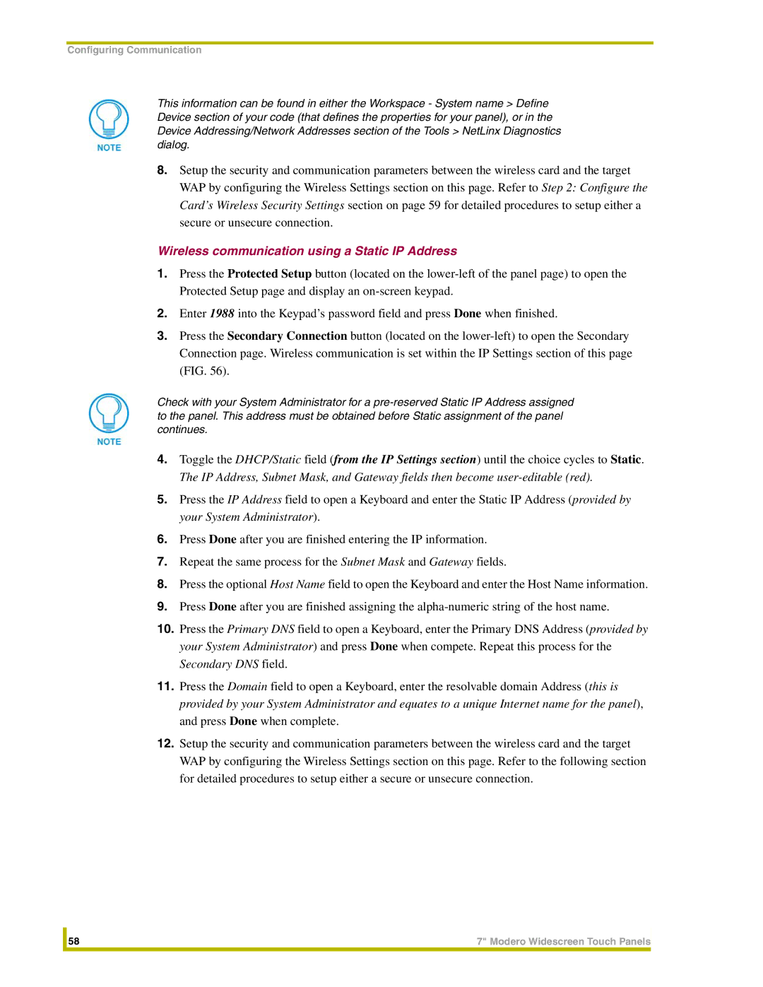 AMX NXD-CV7, NXT-CV7 instruction manual Wireless communication using a Static IP Address 