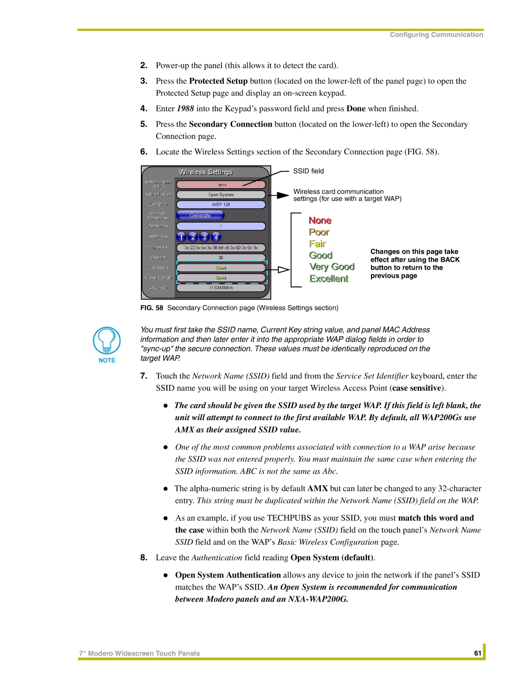 AMX NXT-CV7, NXD-CV7 instruction manual Secondary Connection page Wireless Settings section 