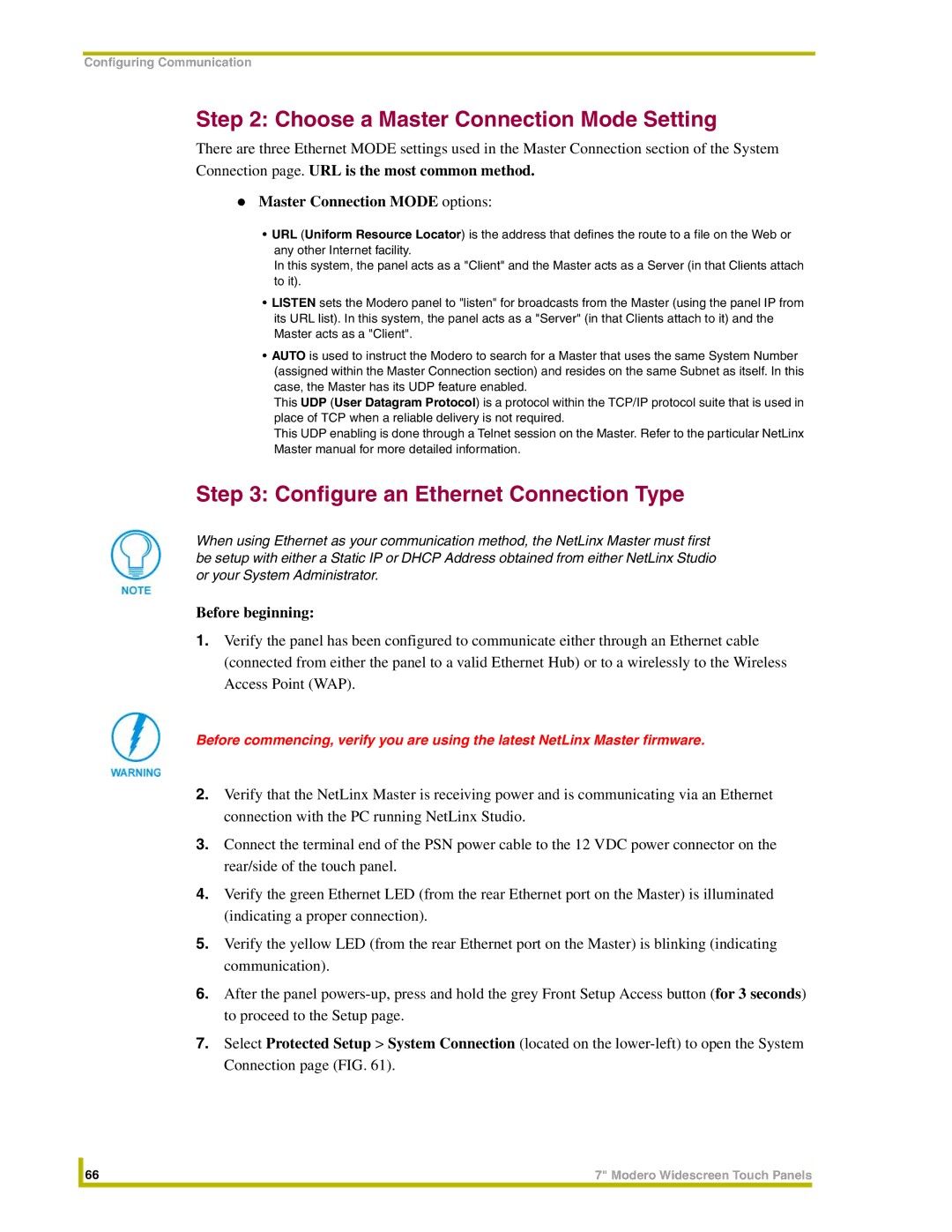 AMX NXD-CV7, NXT-CV7 instruction manual Choose a Master Connection Mode Setting, Configure an Ethernet Connection Type 