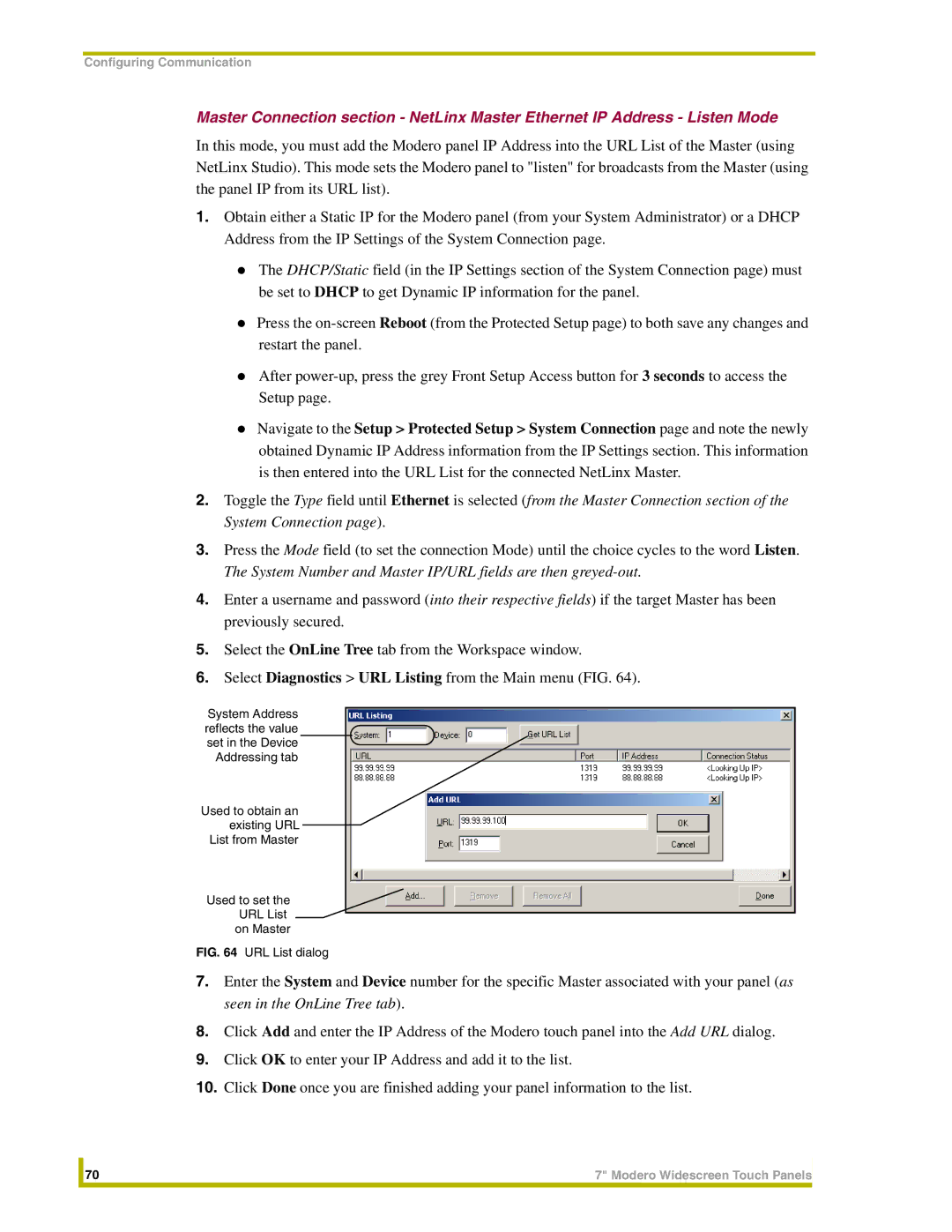 AMX NXD-CV7, NXT-CV7 instruction manual URL List dialog 