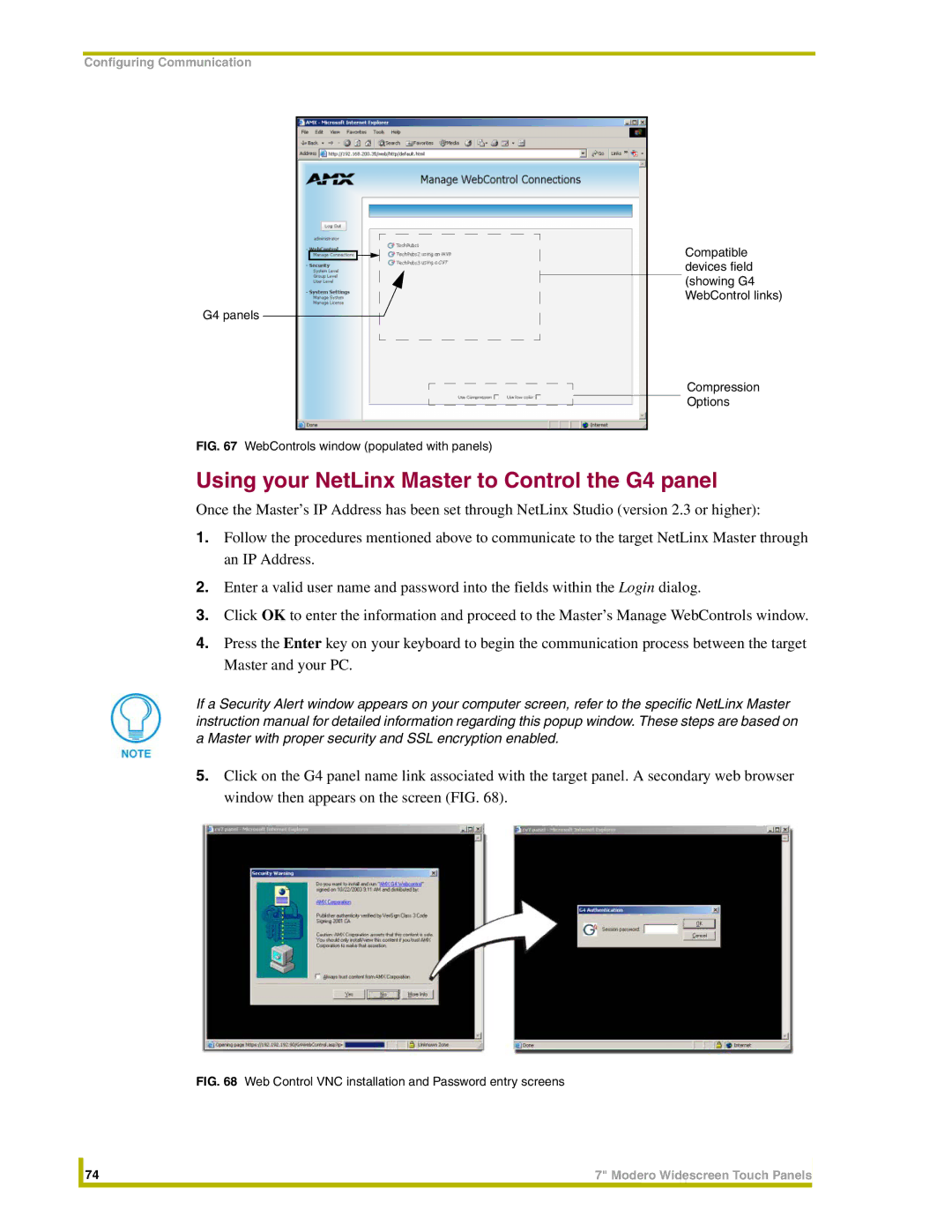 AMX NXD-CV7 Using your NetLinx Master to Control the G4 panel, Web Control VNC installation and Password entry screens 