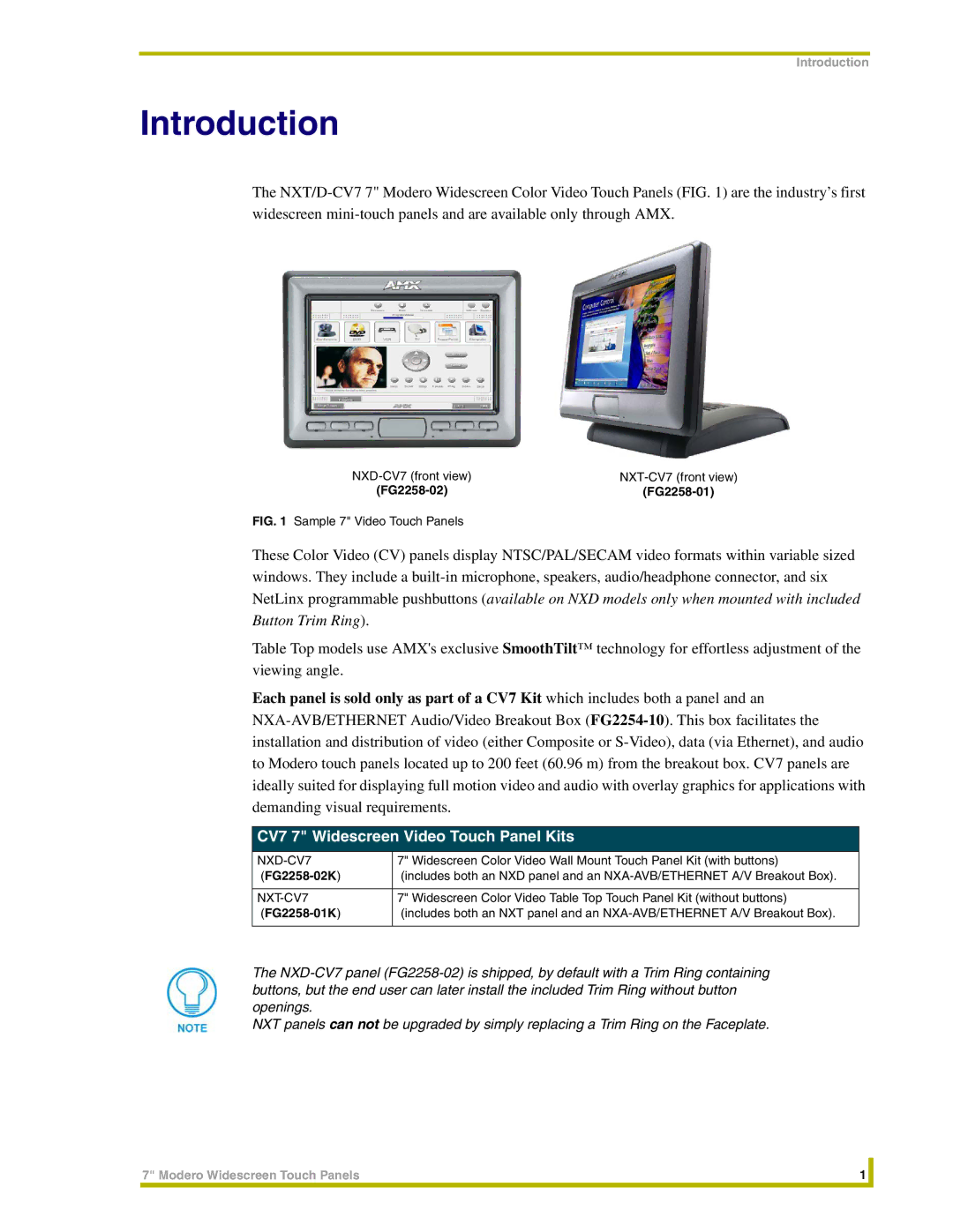 AMX NXT-CV7, NXD-CV7 instruction manual CV7 7 Widescreen Video Touch Panel Kits, FG2258-02K, FG2258-01K 