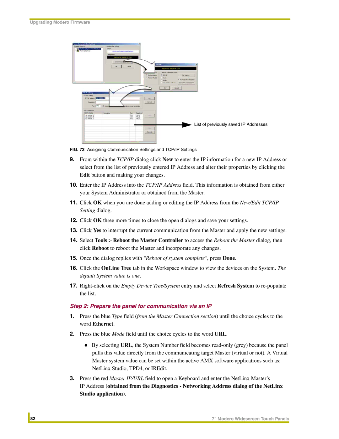 AMX NXD-CV7, NXT-CV7 Prepare the panel for communication via an IP, Assigning Communication Settings and TCP/IP Settings 