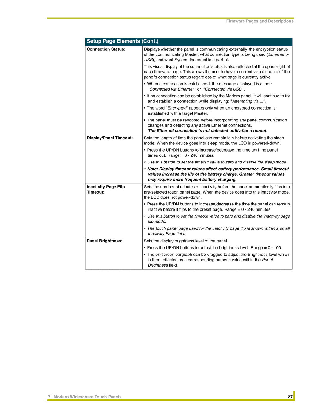 AMX NXT-CV7, NXD-CV7 instruction manual Connection Status, Display/Panel Timeout, Inactivity Page Flip, Panel Brightness 