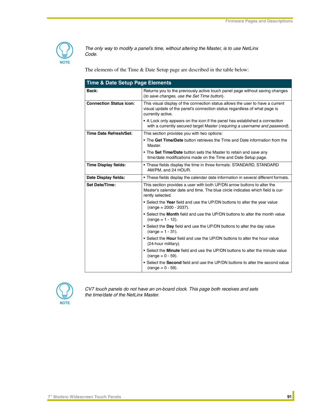 AMX NXT-CV7, NXD-CV7 Time & Date Setup Page Elements, Time Date Refresh/Set, Time Display fields, Date Display fields 