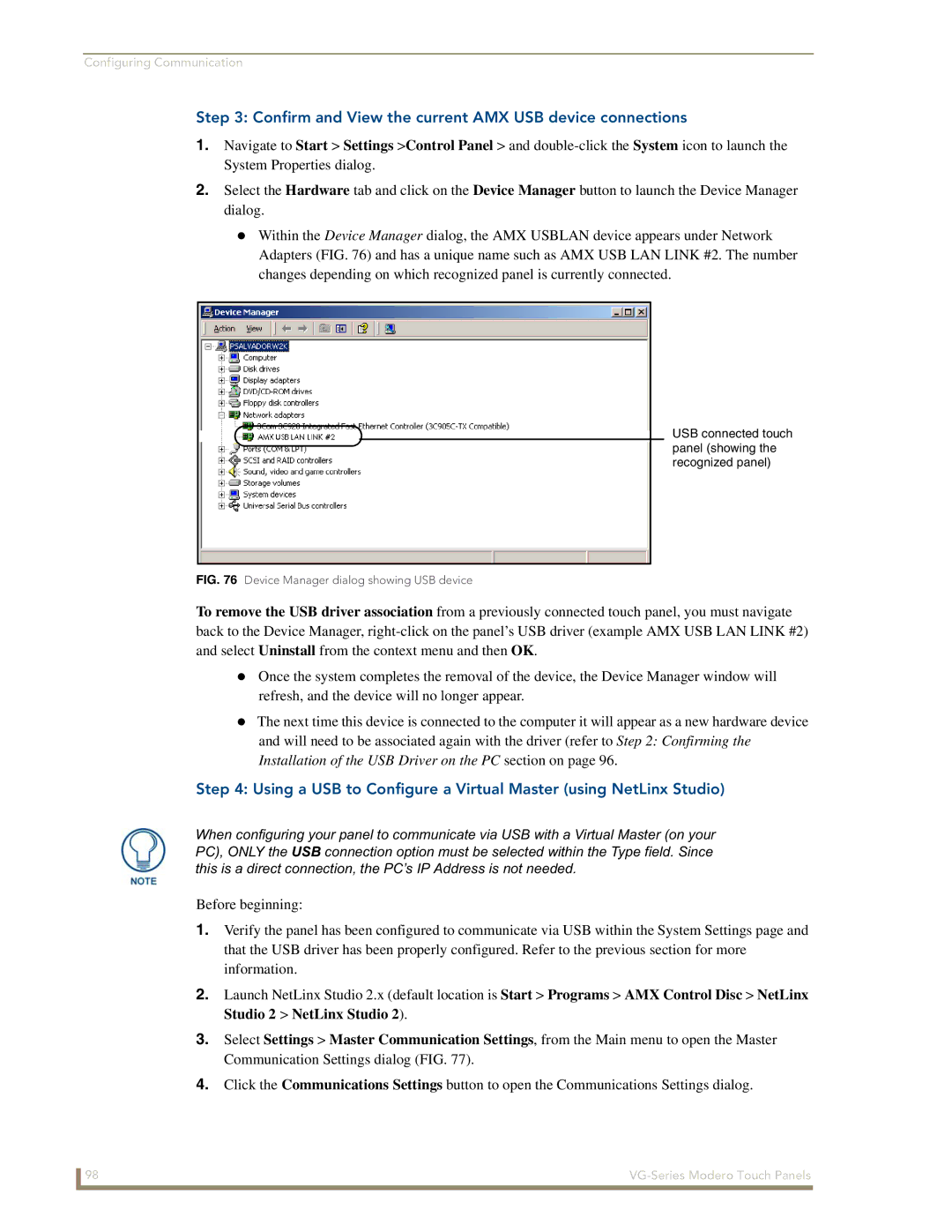 AMX NXD/NXT-1500VG manual Confirm and View the current AMX USB device connections, Device Manager dialog showing USB device 