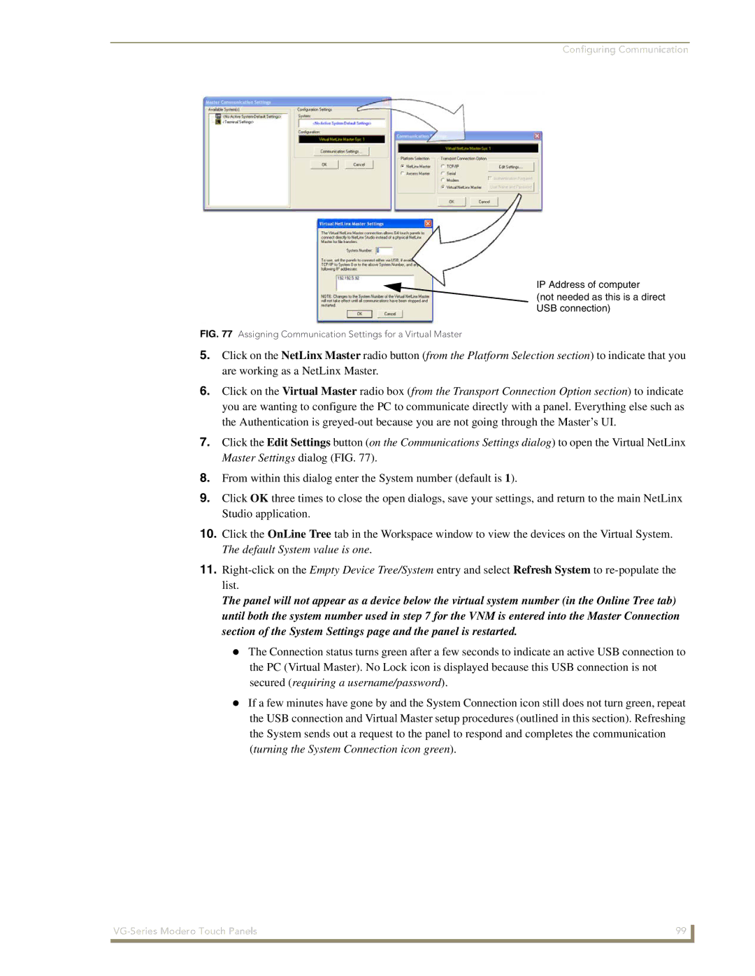 AMX NXD/NXT-1700VG, NXD/NXT-1500VG, NXD/NXT-1200VG manual Assigning Communication Settings for a Virtual Master 