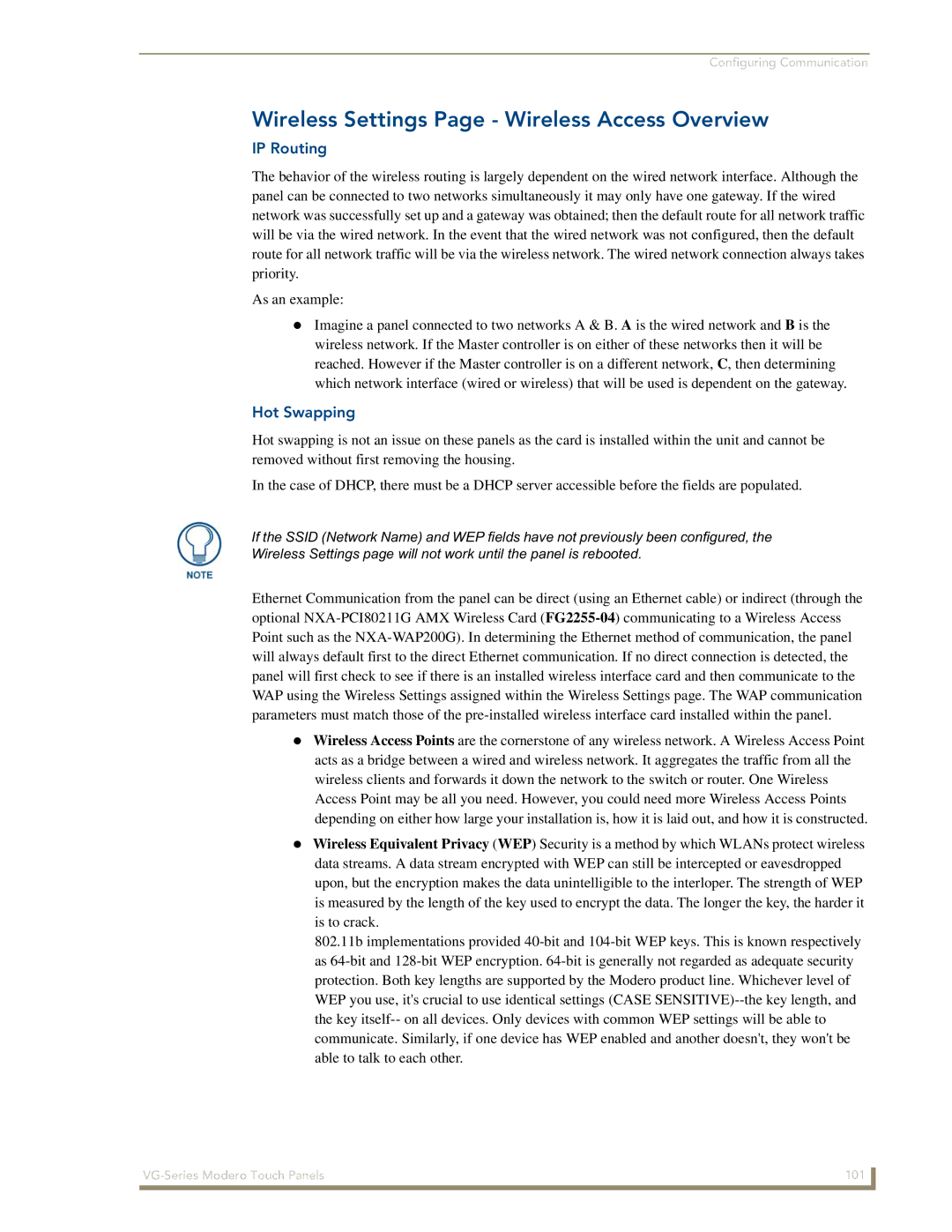 AMX NXD/NXT-1500VG, NXD/NXT-1700VG manual Wireless Settings Page Wireless Access Overview, IP Routing, Hot Swapping 