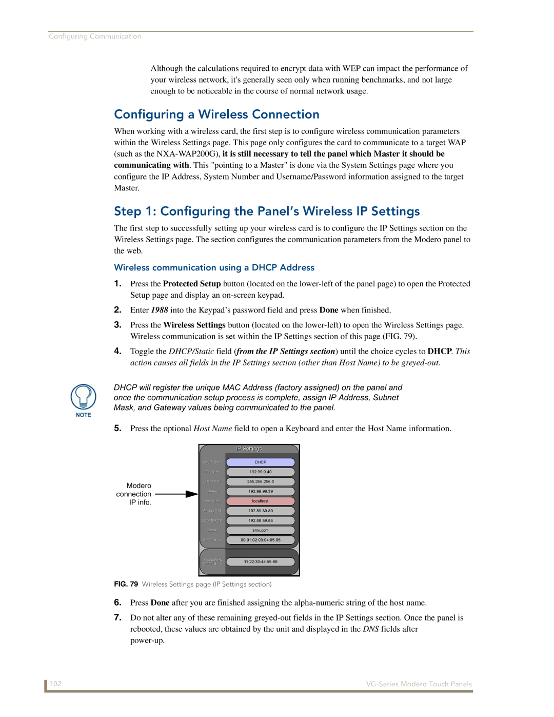 AMX NXD/NXT-1700VG, NXD/NXT-1500VG manual Configuring a Wireless Connection, Configuring the Panel’s Wireless IP Settings 