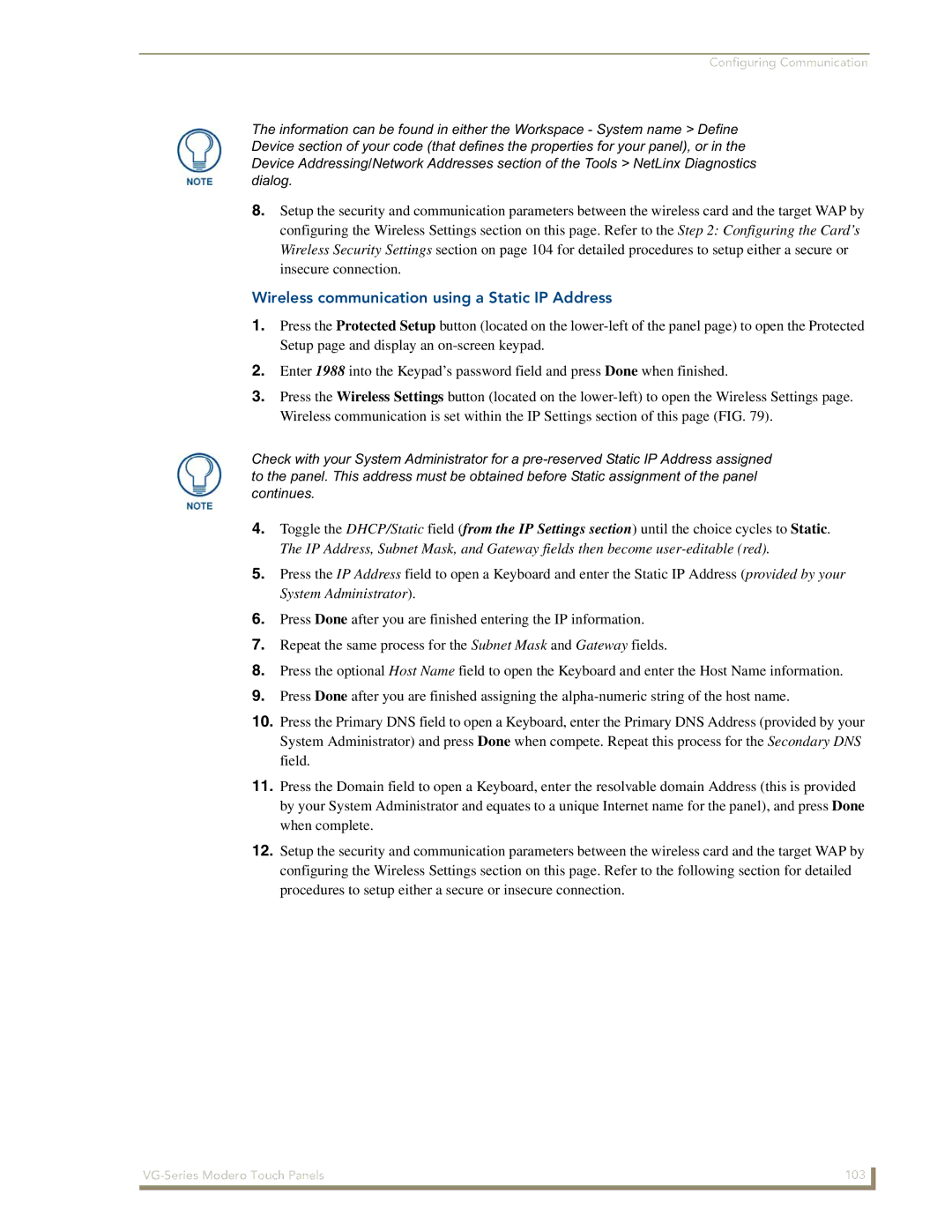 AMX NXD/NXT-1200VG, NXD/NXT-1500VG, NXD/NXT-1700VG manual Wireless communication using a Static IP Address 